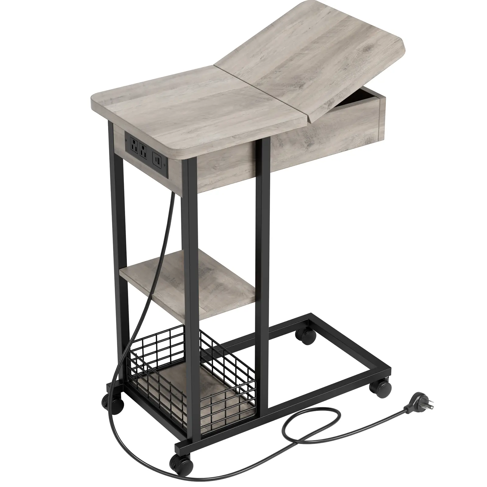 C-Shaped End Table with Charging Station, 2 AC Outlets and 2 USB Ports, Grey, Metal Frame, 2m Cord