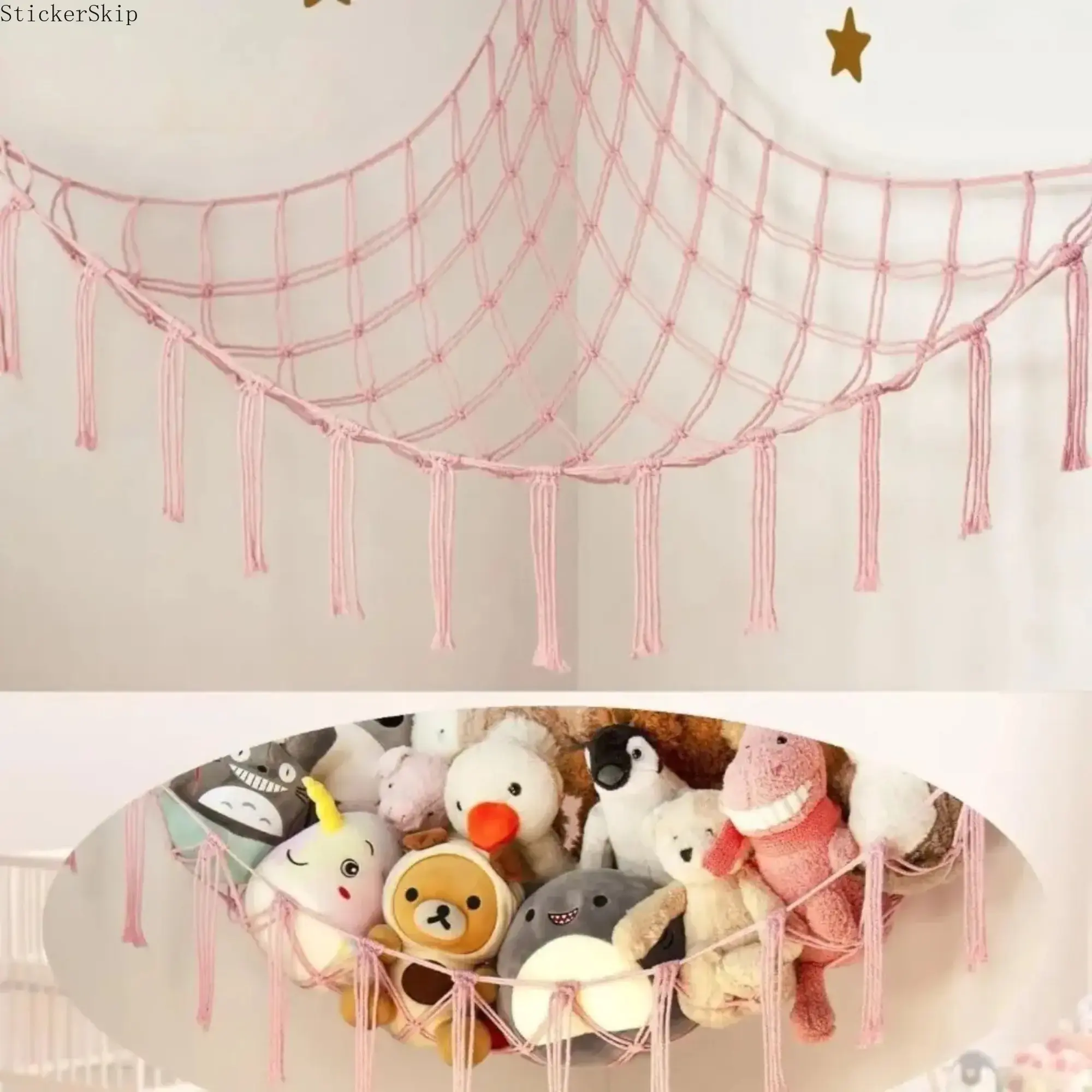 Handwoven Cotton Toy Storage Hammock - Cotton Weave 55-Inch Triangular Corner Mesh Net, Hanging Organizer for Stuffed Animals & Toys, Lawn Game Accessory for Kids Bedrooms