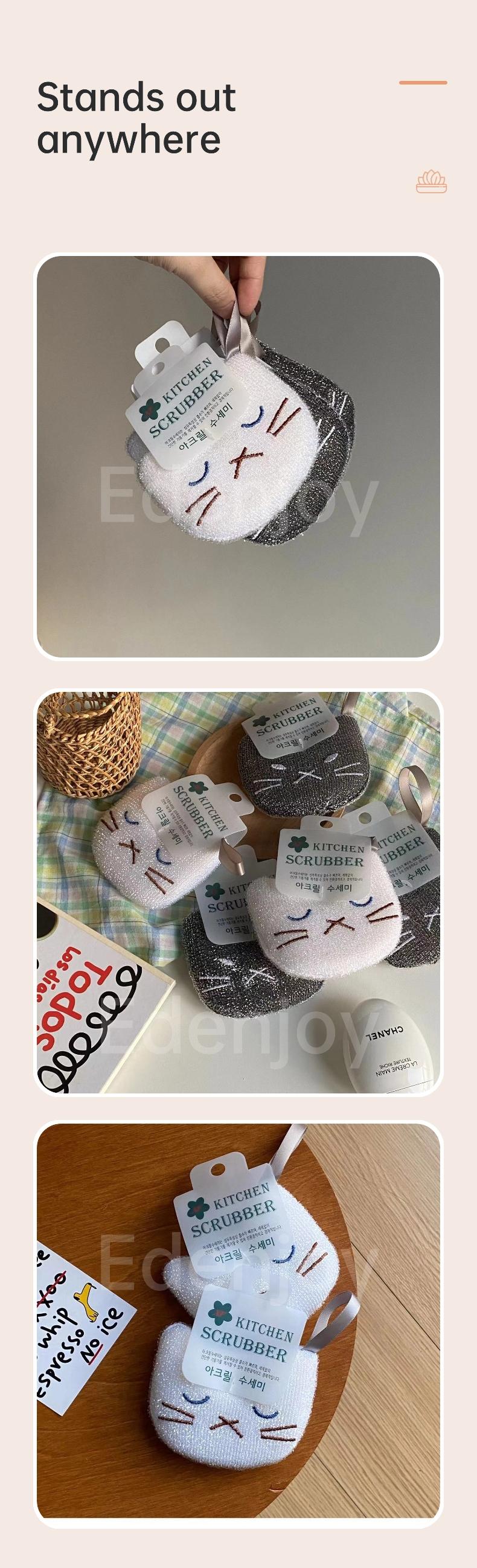 Thick Kitchen Sponge Cleaner Cloth, Cartoon Cat Embroidered Dishwashing Sponge, Non-Scratch Cleaning Pad, Durable and Reusable