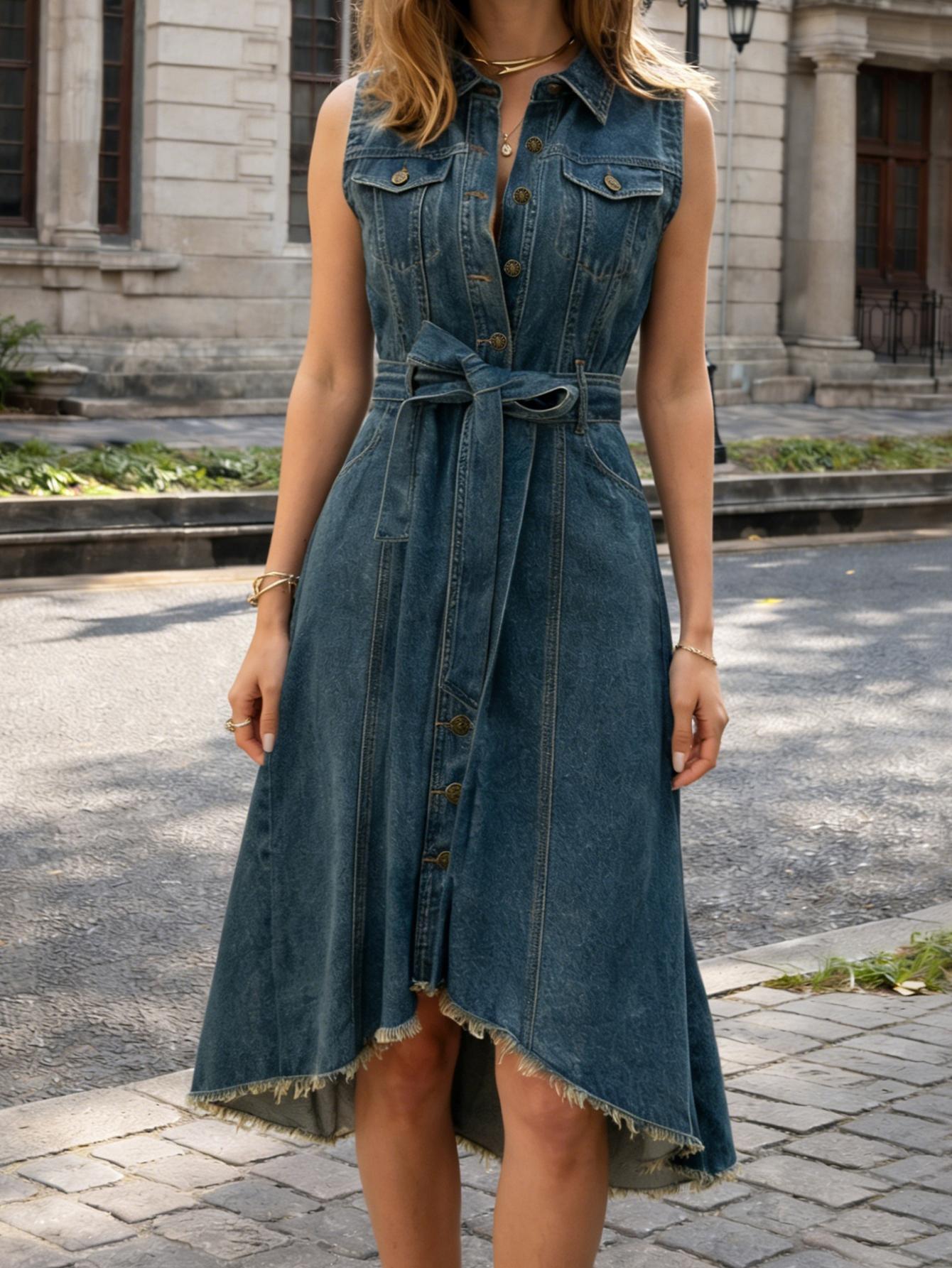 Women's Summer Vintage Waist Cinched Asymmetrical Hem Sleeveless Denim Dress, Front Button, Slim-Fitting Long Dress for Dating & Daily Wear, Womenswear