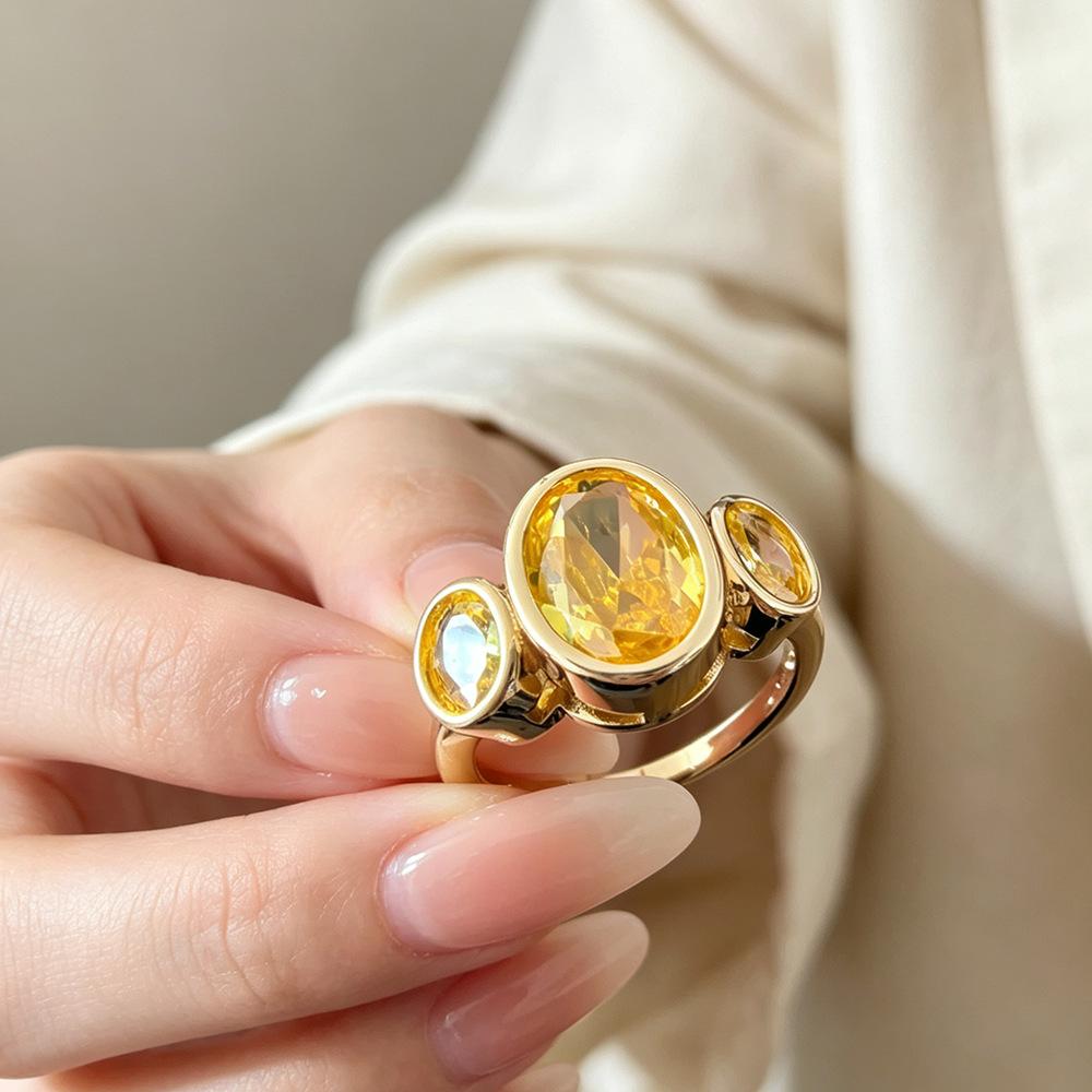 Oval Cut Diamond Art Deco Delicate Three Stone Bezel Set Statement Wedding Bridal Engagement Ring For Women 14K Yellow Gold Plated  Handmade Unique Christmas Ring
