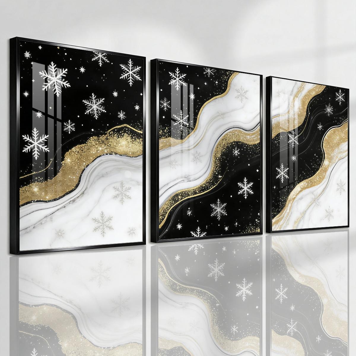 3 Counts Aluminum Alloy Framed Painting, Black White And Gold Snowflake Abstract Art Pictures, Home Decoration For Living Room, Bedroom, Office, Restaurant, Hallway Wall Decor, Odorless Print Artwork, Luxury Perfect Gift For Friends And Family