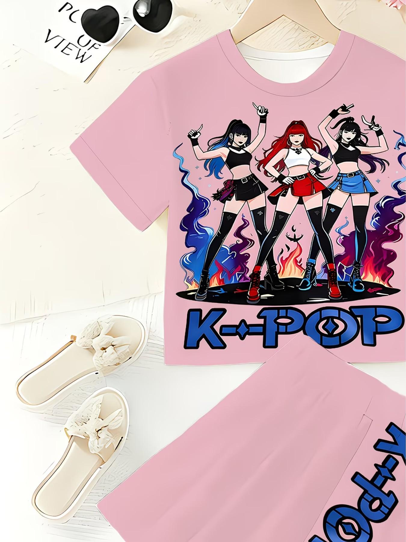 Girls' 3D Cartoon Print Top and Skirt Set, Summer Casual, Round Neck Short Sleeve, Two-Piece Suit, Daily Wear