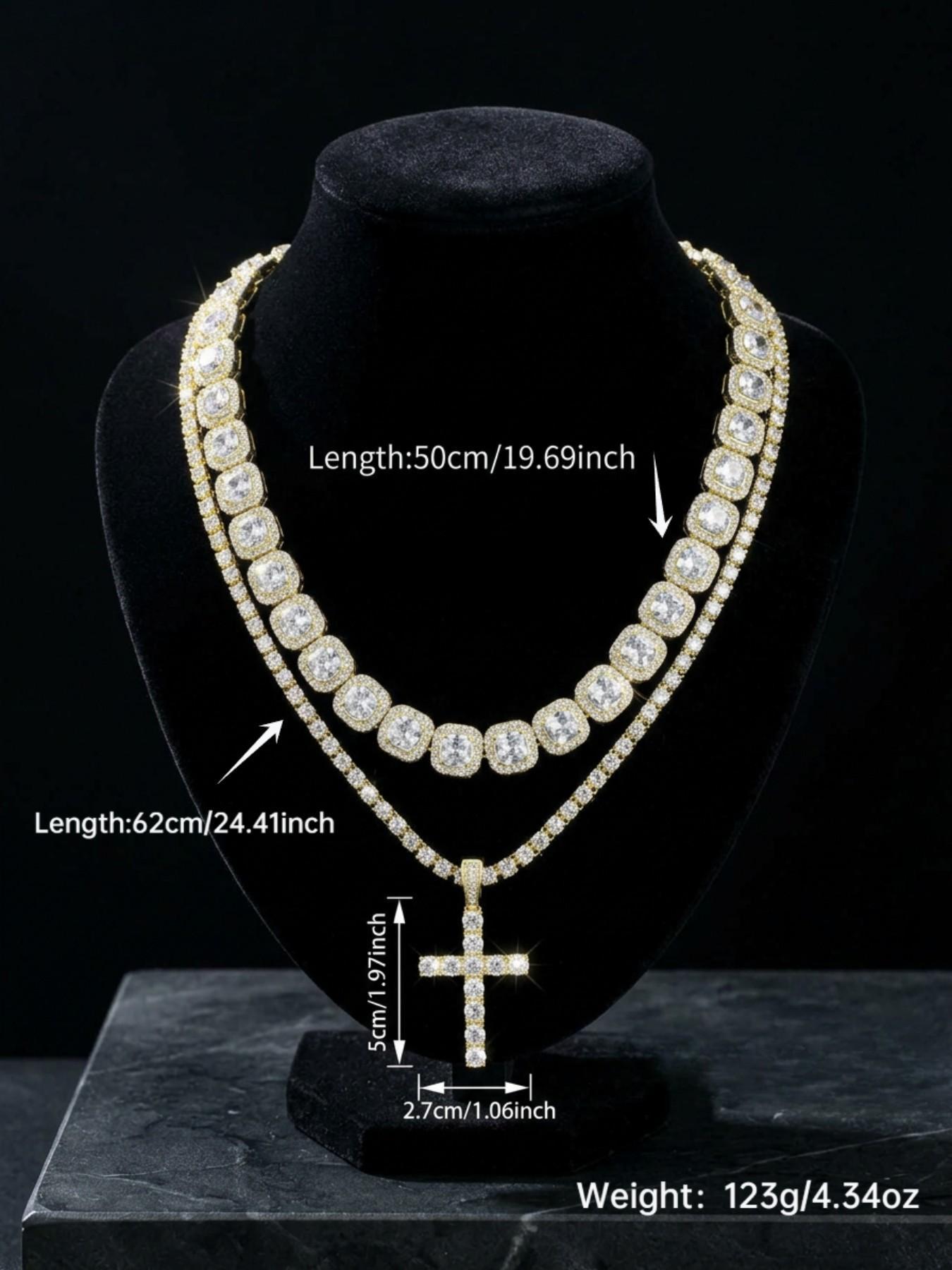 Fashionable and simple cross pendant with square diamond Cuban chain set, moissanite European and American hip-hop style necklace pendant, gold and silver chain necklace, ice diamond tennis festival necklace jewelry set