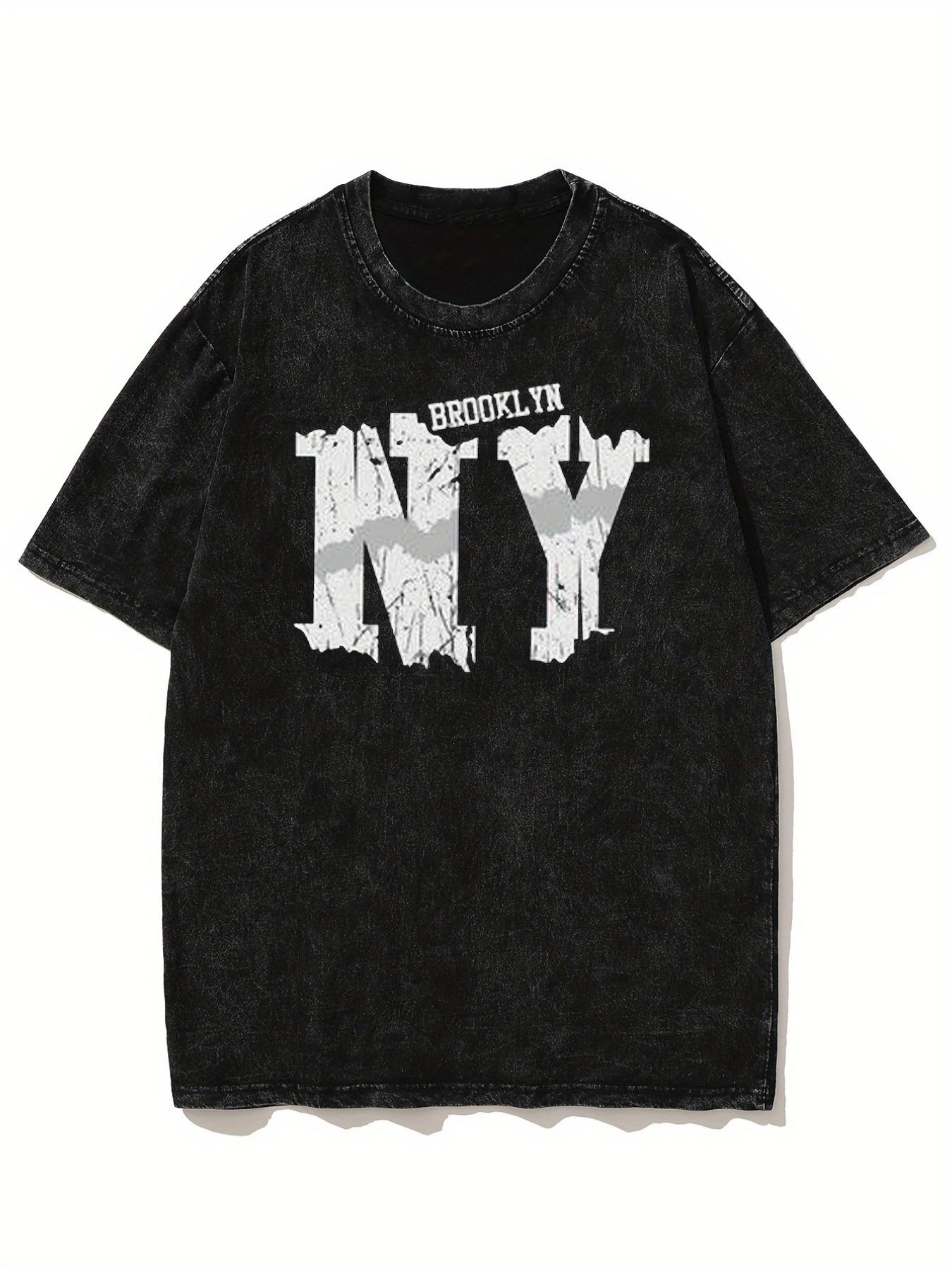 Men's Vintage Washed Brooklyn Ny Print Loose T-Shirt, Retro New York Street Style, Casual Short Sleeve, Daily Wear Top