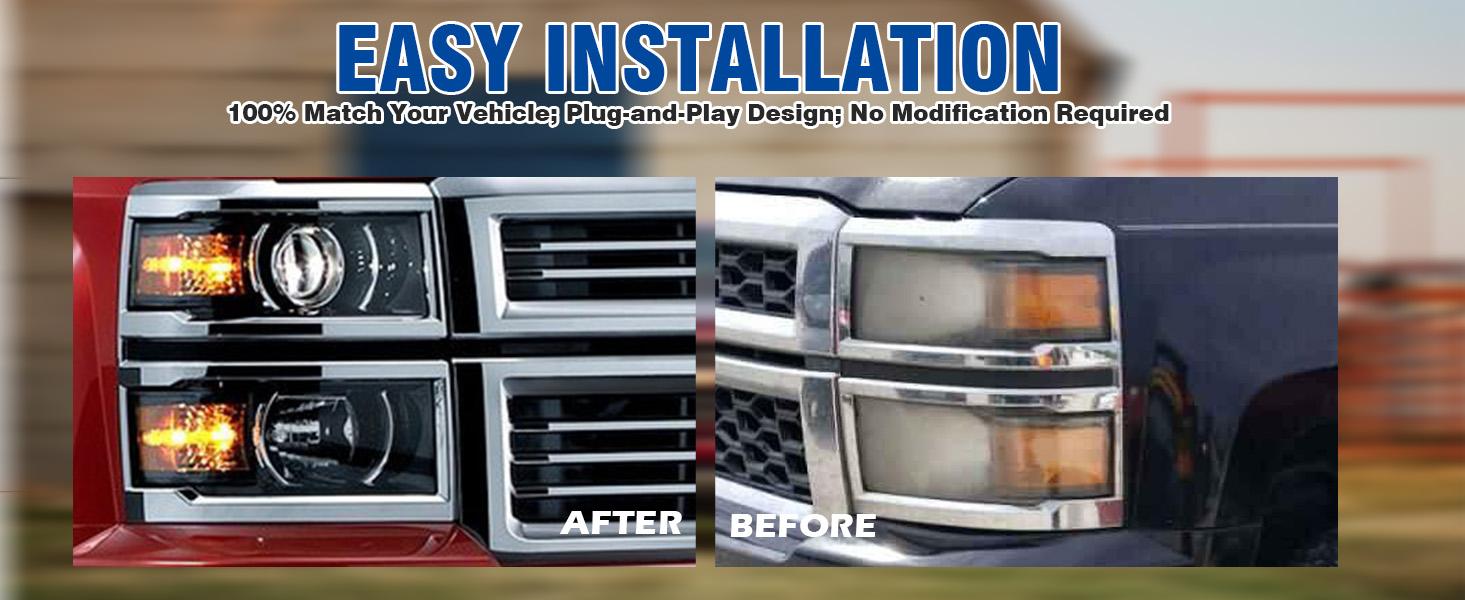 Halogen Porjector Headlights Assembly for 2014 2015 Chevy Silverado 1500 Pickup Truck, OE Style Pair Set Front Headlamps with High/Low Beam Bulbs, Chrome Trim+Black Housing+Amber Reflector