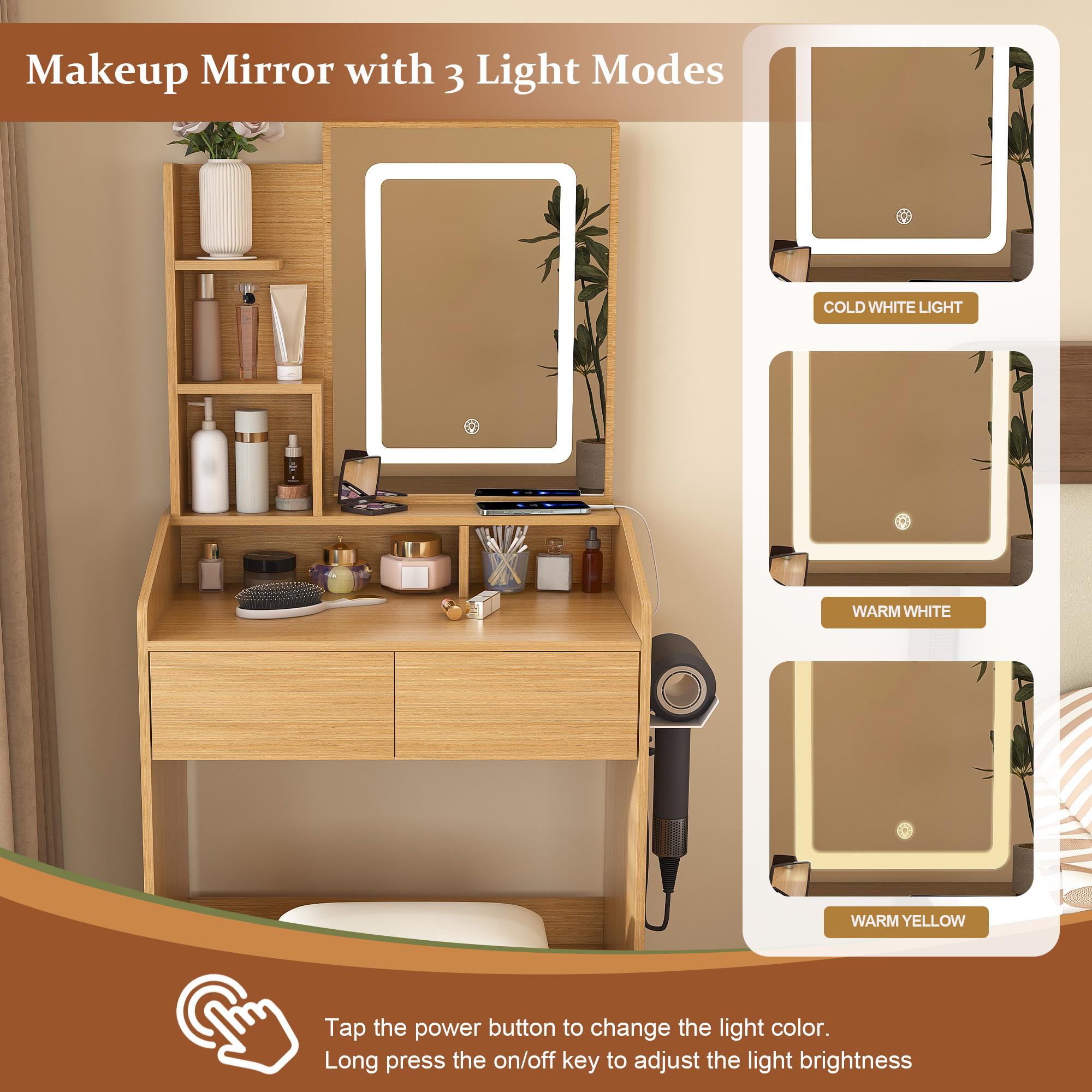 Small Vanity Desk with Mirror and Lights, Makeup Vanity Table with Power Outlet & 2 Drawers & 4 Shelves & Stool,Dressing Table Set for Bedroom, 3 Color Mode, Wood