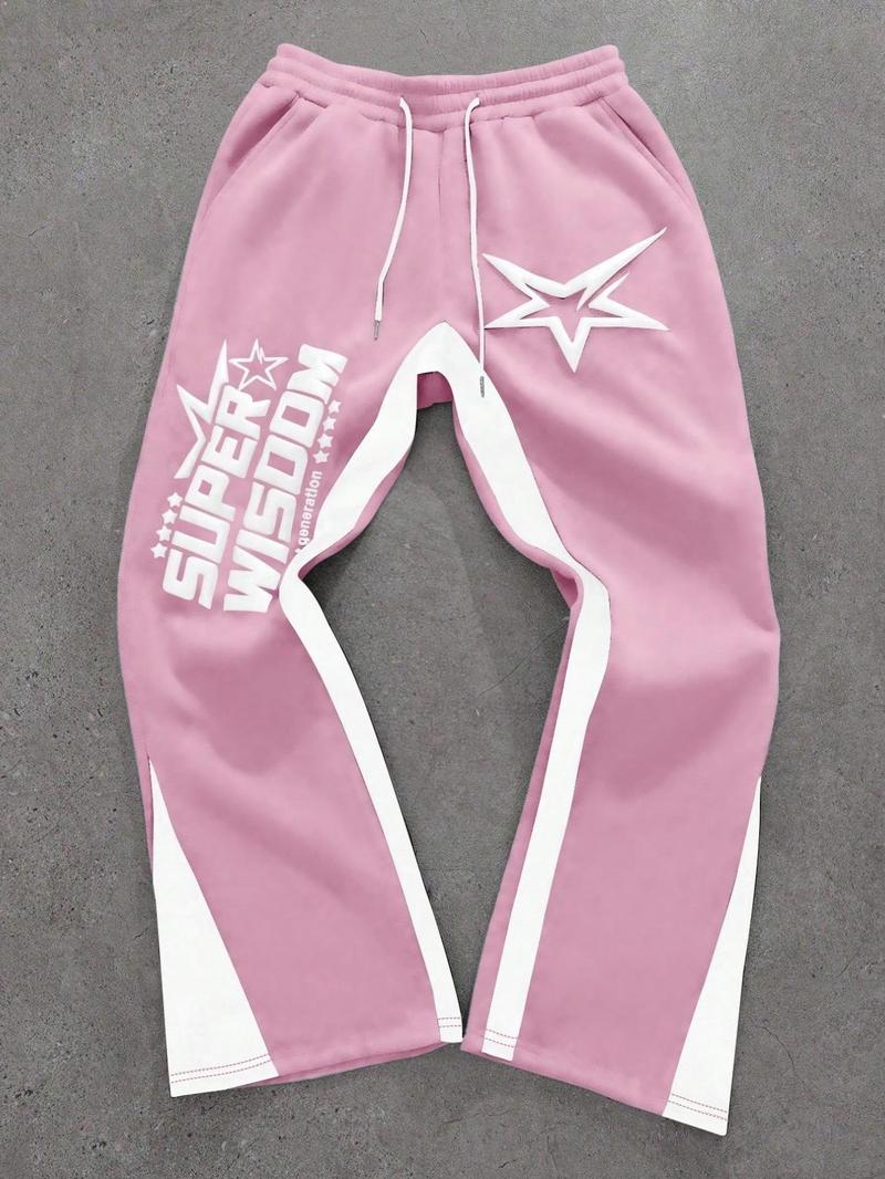 Men's Colorblock Letter & Star Print Sweatpants, Casual Comfy Straight-leg Pants for Daily Wear, Men's Trousers for All Seasons, Athleisure Style Bottoms