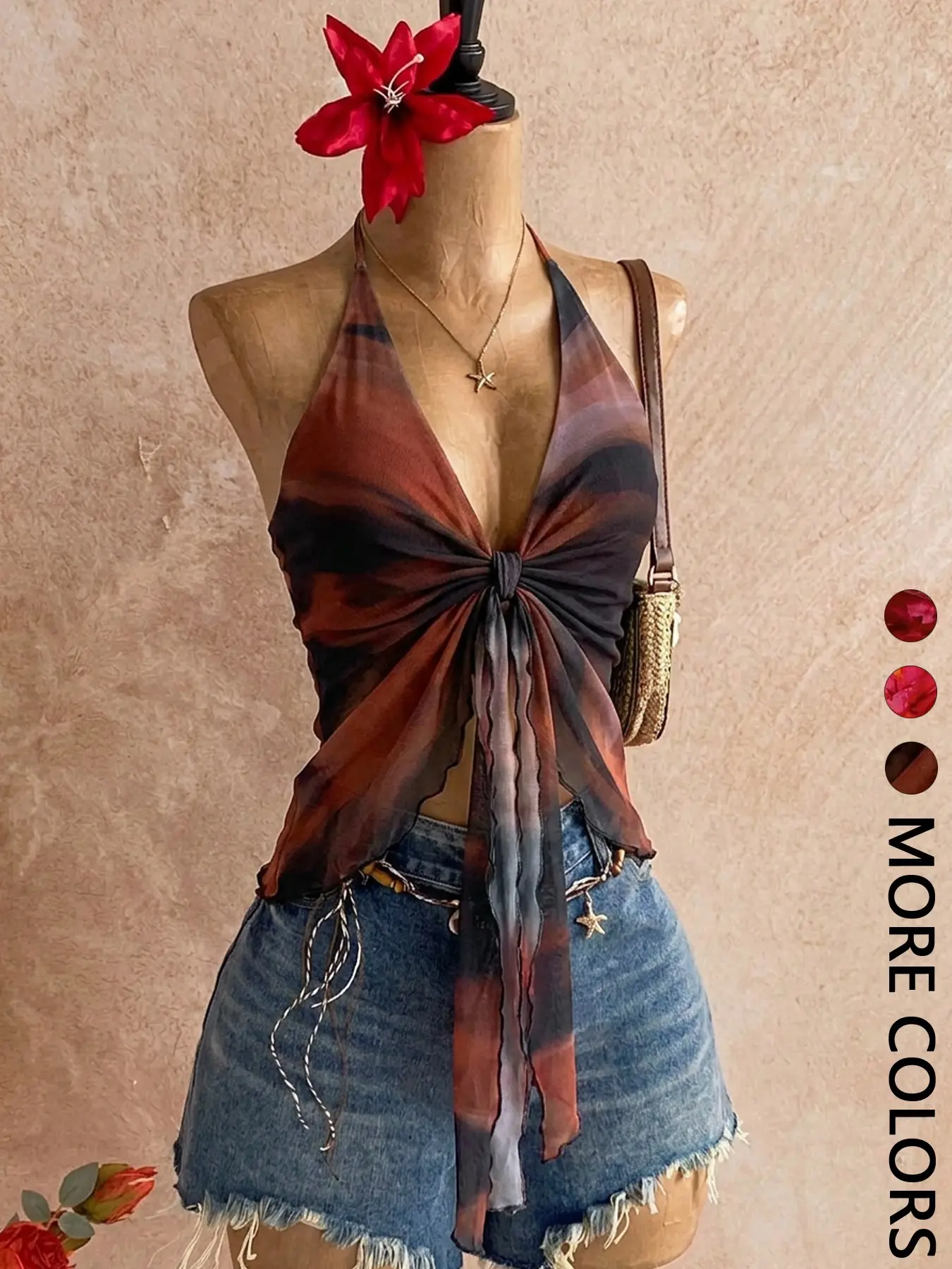 1 Piece Women Halter Deep V Neck Front Tie Knot Crop Top Gradient Print Ruffle Hem Sleeveless Camisole Boho Fitted Sleeveless Casual Beachwear Aesthetic Beach Vacation Y2K Slim Fit Tank Top For Ladies Spring Summer Going Out Wear No Necklace