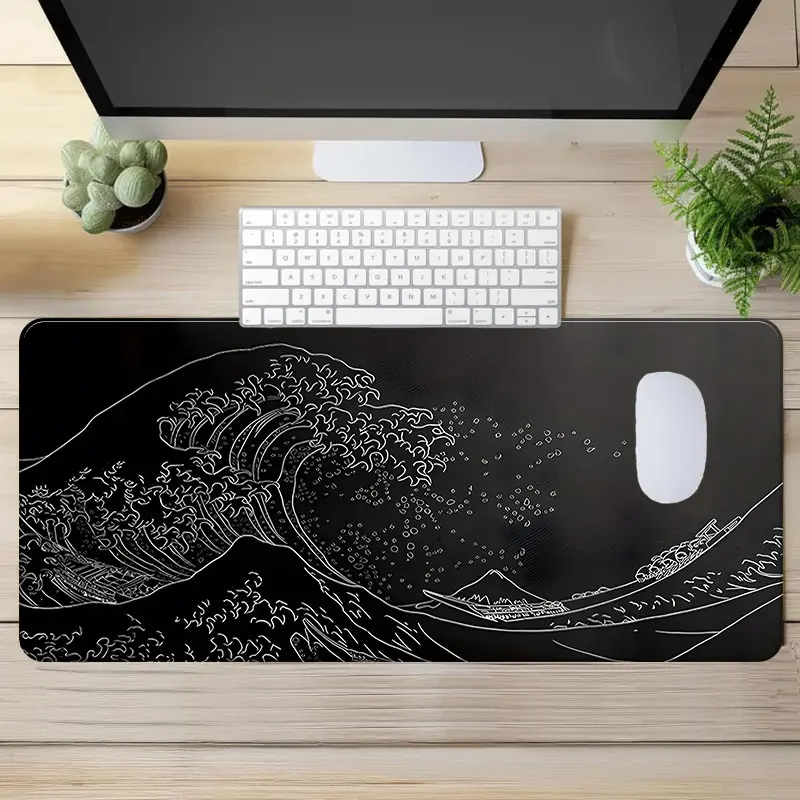 Japanese Wave Pattern Mouse Pad, Rectangle Gaming Mouse Pad, Non-slip Rubber Pad, Desktop Decoration Protection Pad for Laptop, Desktop Computer Games, Gaming Desk Accessory, Office Desk Accessories