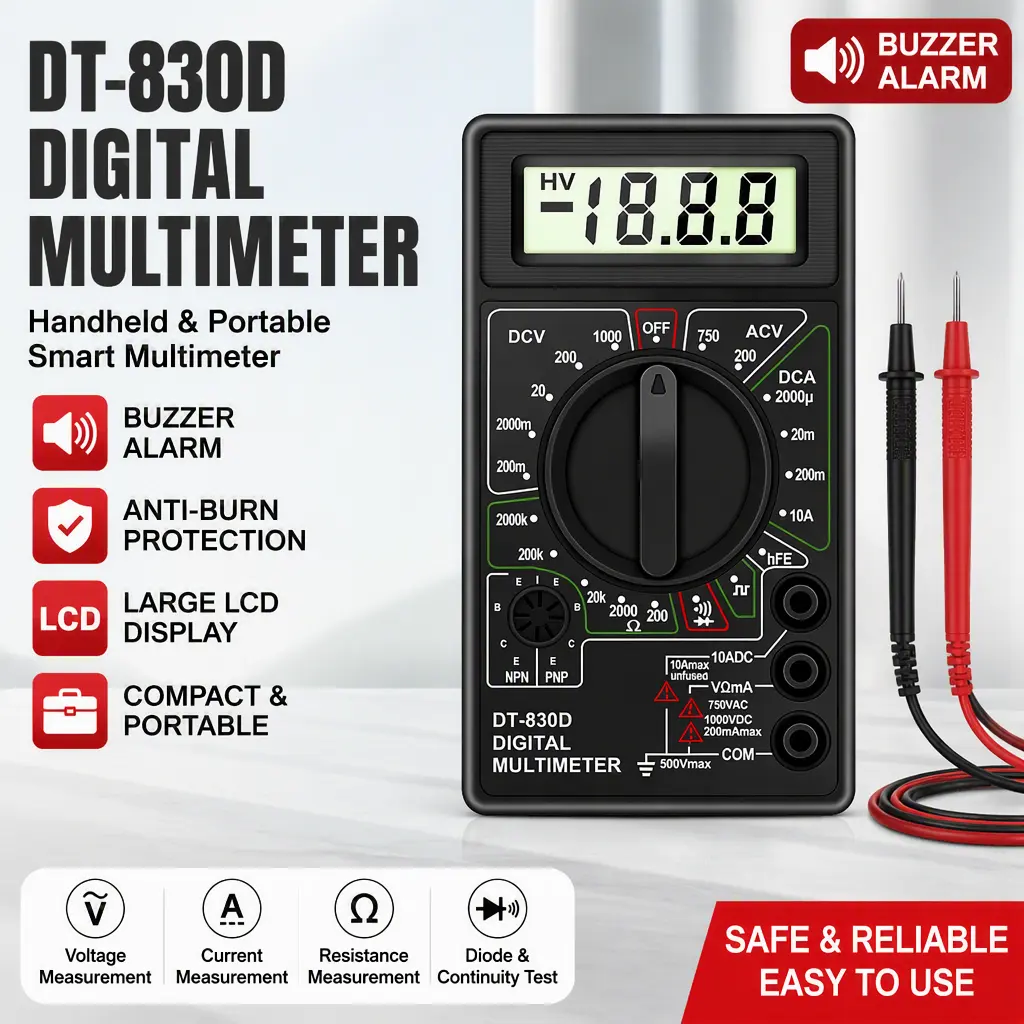 DT‑830D Digital Multimeter with Buzzer Alarm, Handheld Portable Multi‑Meter, Anti‑Burn Voltage Current Resistance Tester for Electrician DIY