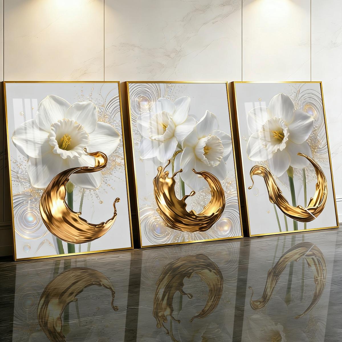 3 Counts Aluminum Alloy Framed Painting, White Daffodil Flowers With Golden Liquid Art Pictures, Home Decoration For Living Room, Bedroom, Office, Restaurant, Hallway Wall Decor, Odorless Print Artwork, Luxury Perfect Gift For Friends And Family