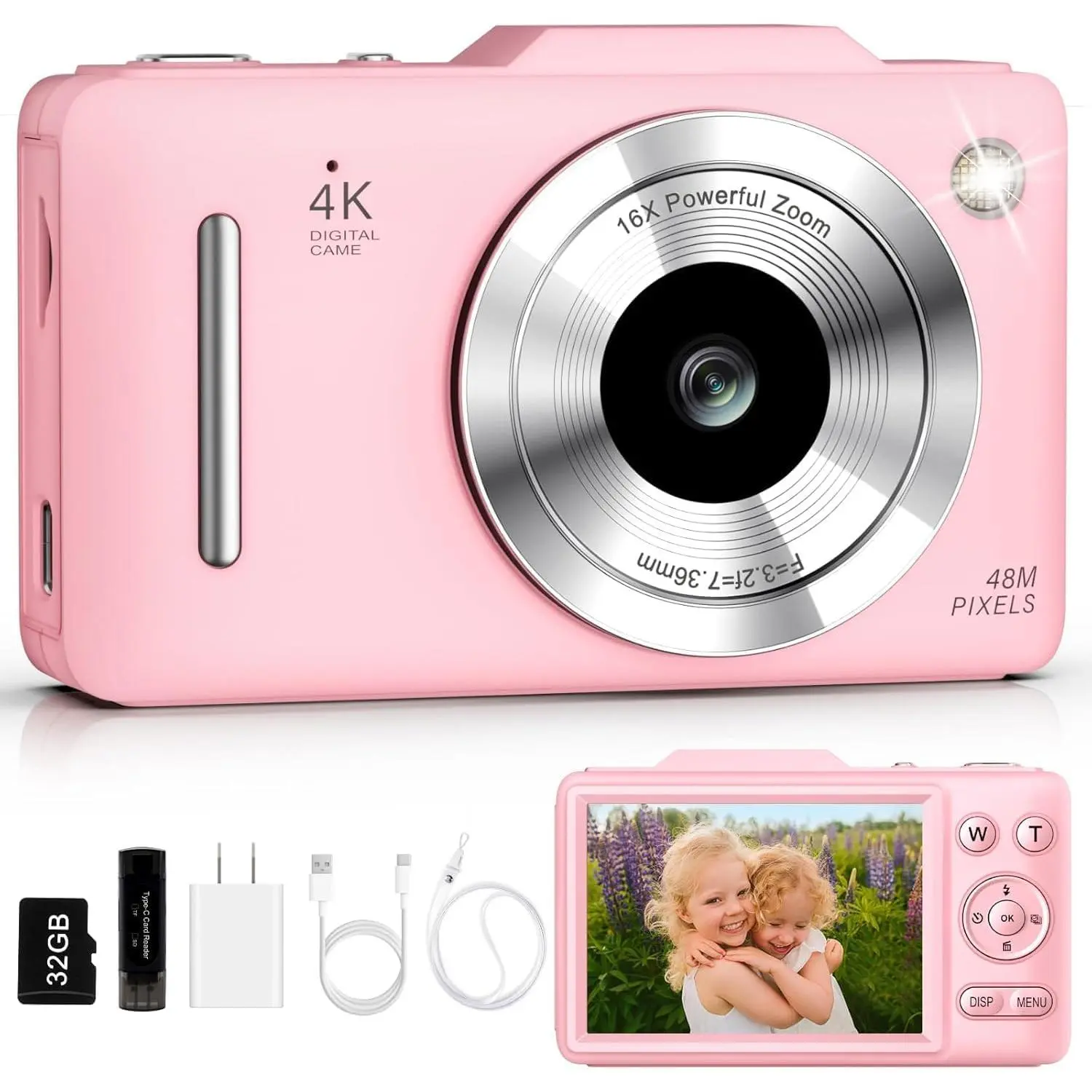 Digital Camera 4K for -48MP Autofocus Vlogging Camera with 32GB Card, 16X Zoom, Anti-Shake, Compact Point and Shoot Camera for Teens Beginners, Birthday