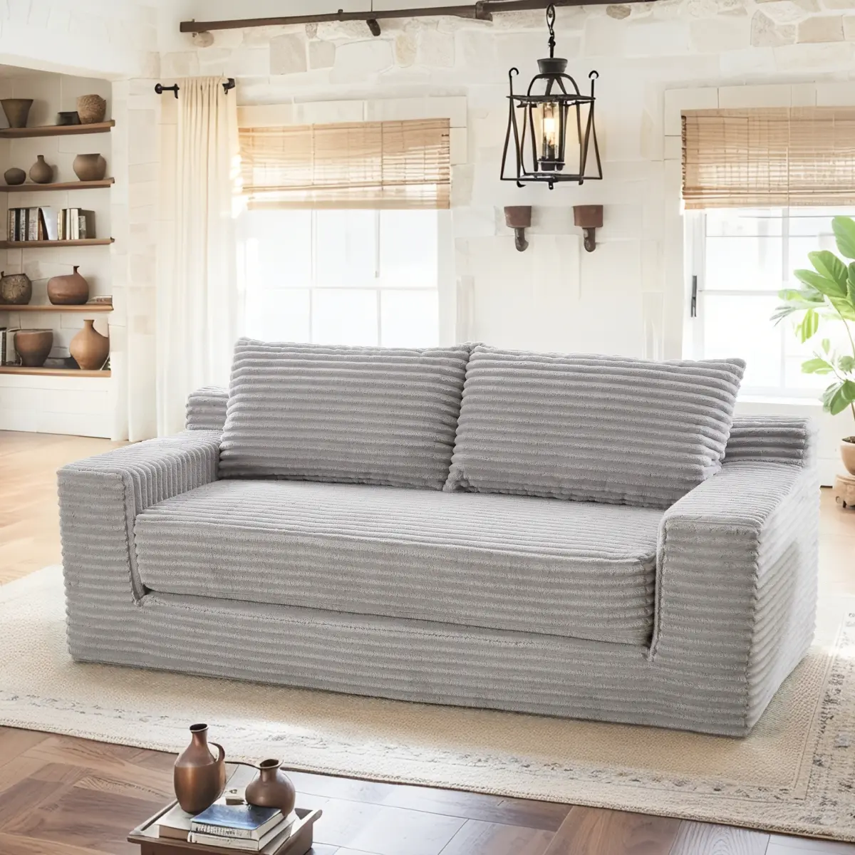 Oversized Boneless Loveseat, 2-In-1 Sleeper Sofa Bed, Corduroy Fabric Convertible Couch, 2 Seater Sofa For Small Spaces Apartment Office, No Assembly Required, Grey