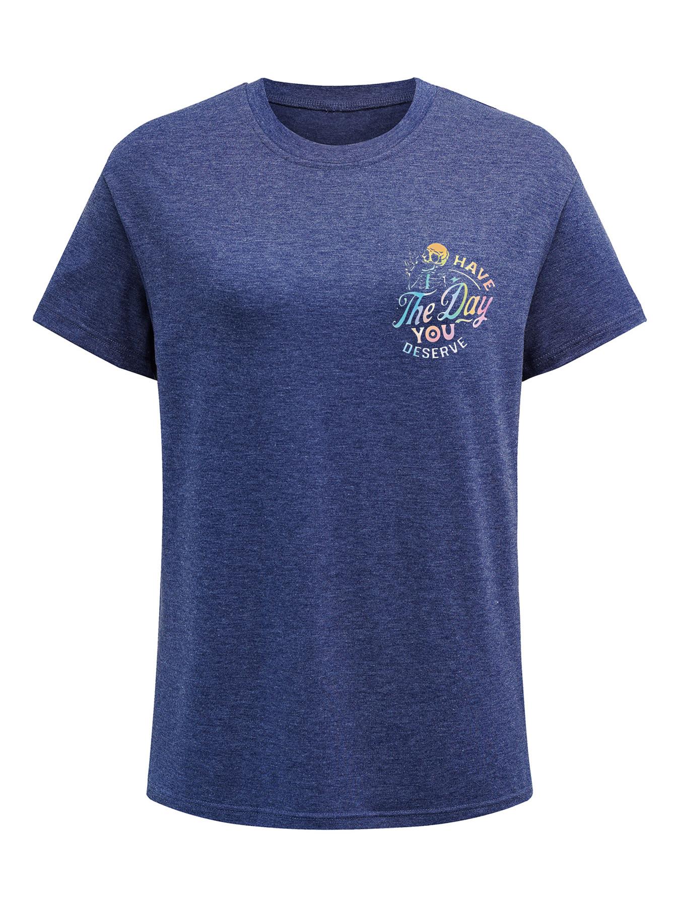 Women's Casual Fitted Graphic Letter Print Round Neck Short Sleeve T-Shirt, Spring Summer Streetwear Fashion Tee, Fun Skull Pattern, Inspirational Gradient Design