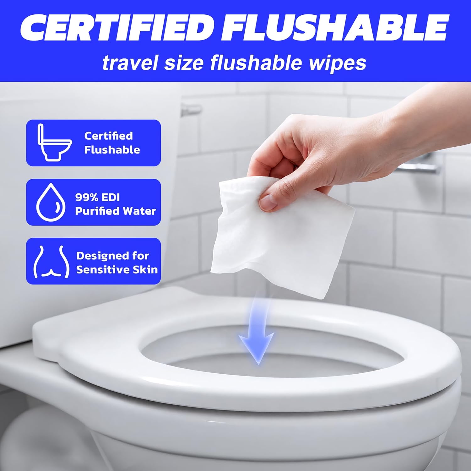 -the-Go Flushable Wipes, Unscented &  | 99% EDI Purified Water Wipes for  ,Travel Essentials for Adults & ,Septic and Sewer Safe, 8 Pack 56 Wipes