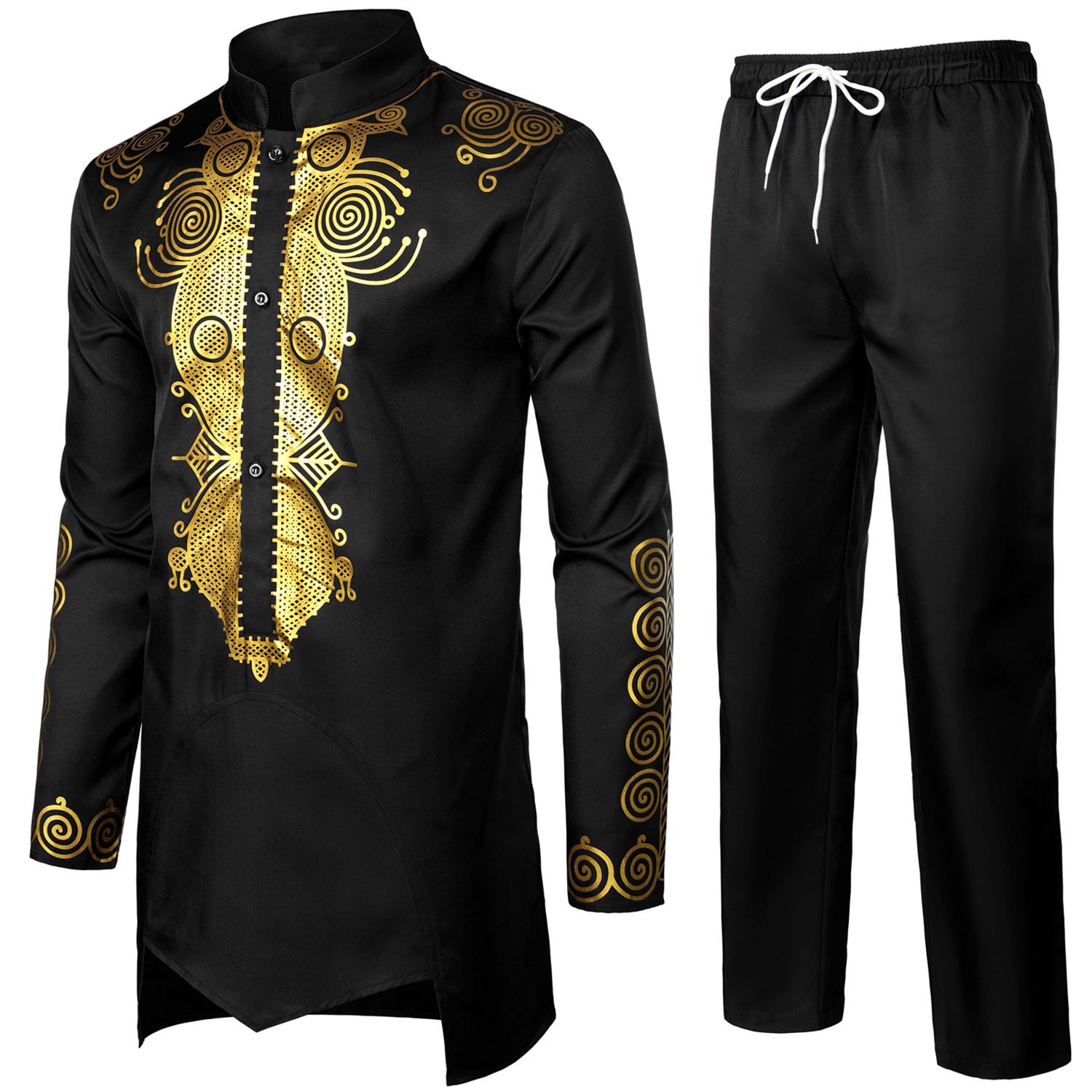 ZEROYAA Men's Africa Suit Long Sleeve Button Down Bronzing Print Shirt and Pants Outfit Traditional 2 Piece Set Clothes Graphic sets for men clothing men's 2 piece set Stylish Breathable