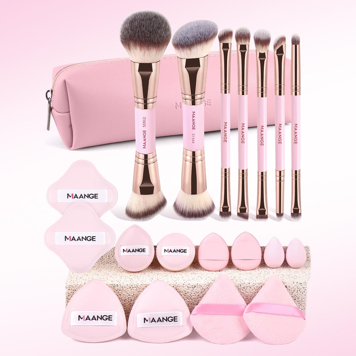 Maange Makeup Brush Set, Makeup Brushes Kits, 7 Dual-Ended Brushes + 12 Powder Puffs + 1 Makeup Bag with Metal Frame, Complete Beauty Tool Kit