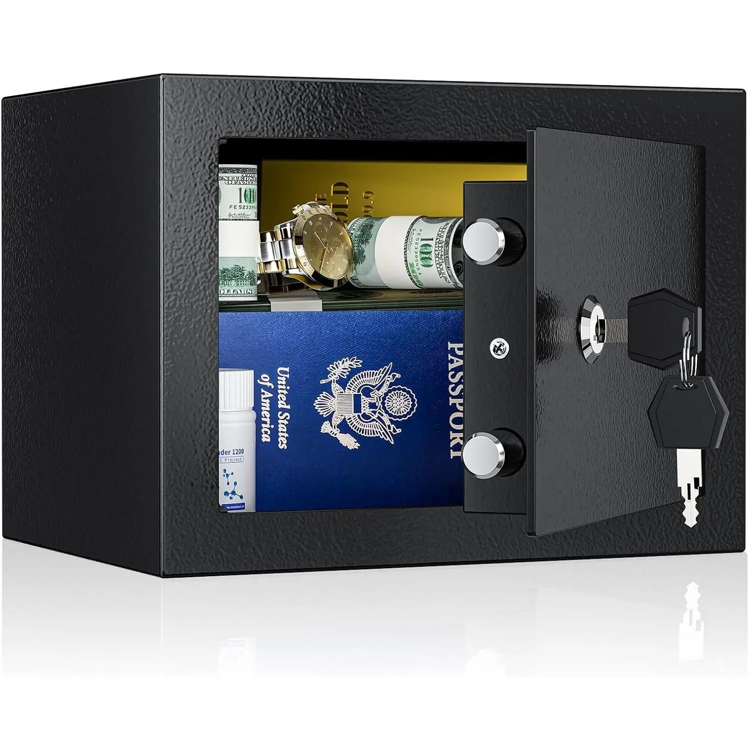 Small Safe with Key for Money, 0.25 Cu Ft Key Lock Box (Black) | Small Safe Box Coffre Fort for Money Cash Jewelry Medicine Passport, Steel High Security Safety Box