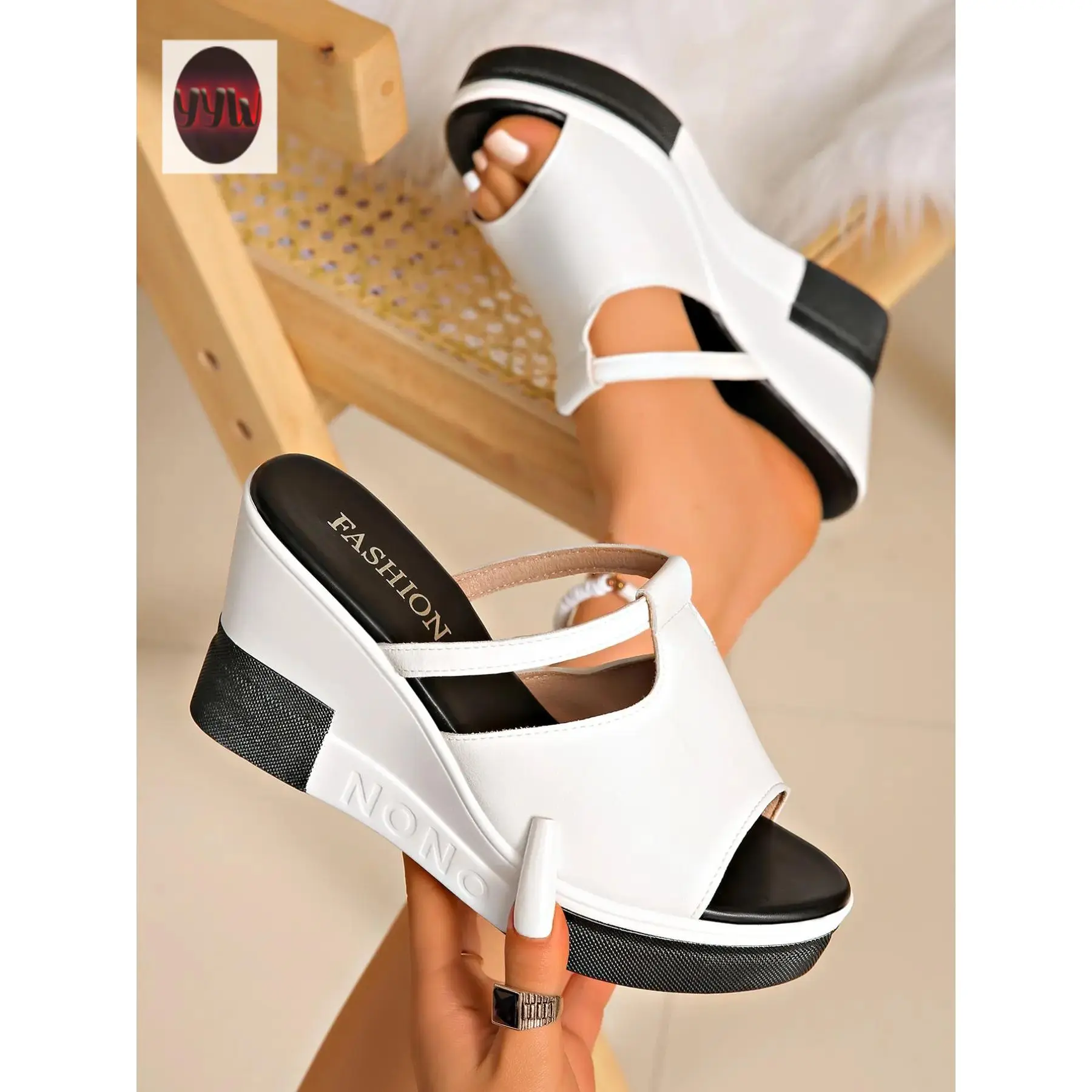 YYW1 Women's Fashion Wedge Sandals, Open Toe, Thick Sole,-On, PU Leather, PVC Sole, 9cm Heel Height, Less Than Ankle Shoes, Fashionable Sandals