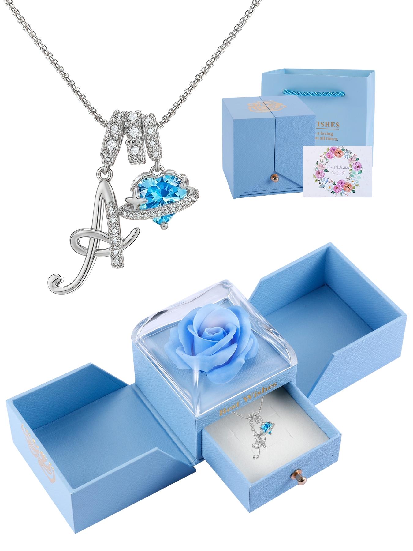 Women's Cz Birthstone Charm Necklace with Rose Jewelry Box, A-Z Letter Pendant, Elegant Gift for Wife Girlfriend Mom Daughter Birthday Christmas