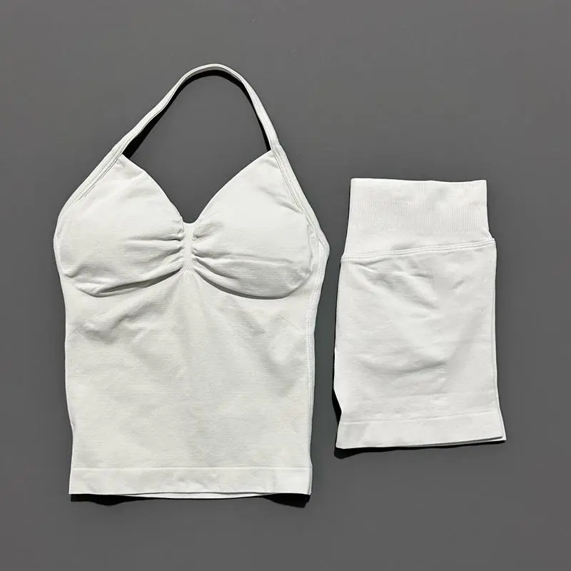 HISTELLO 2 Pieces Sports Set Women Backless Tank Yoga Tops Scrunch Seamless Shorts Sport Gym Set Sportswear Workout Set