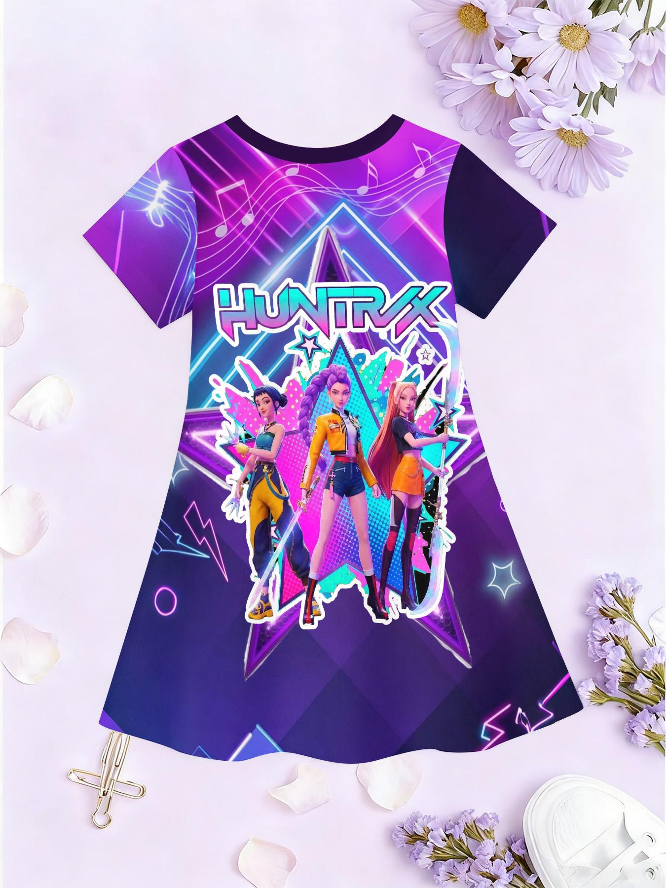 Girls' 3D Short Sleeve Dress, K-Pop Demon Hunters Neon Stage Print, Summer Party Wear, Perfect for Gifts and Birthdays