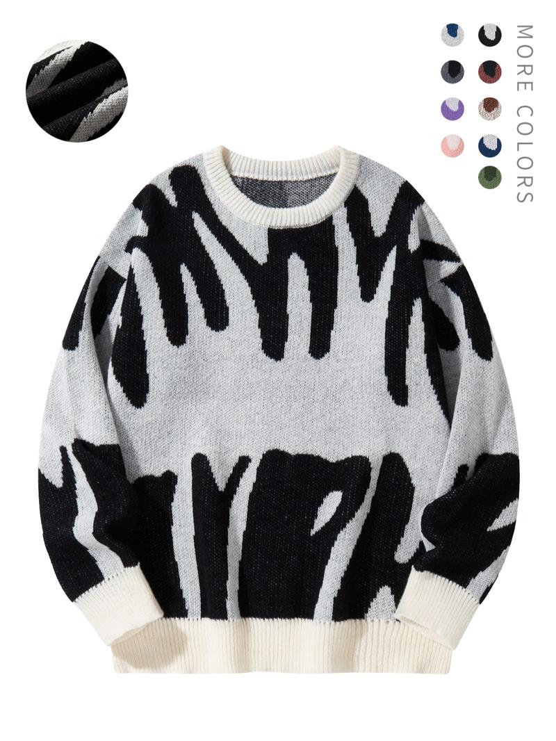 Unisex Men's Round Neck Drop Shoulder Hip Hop Sweater, Regular Fit All Over Print Long Sleeve Knitting Pullover, Drippy Outfits, Going Out Outfit