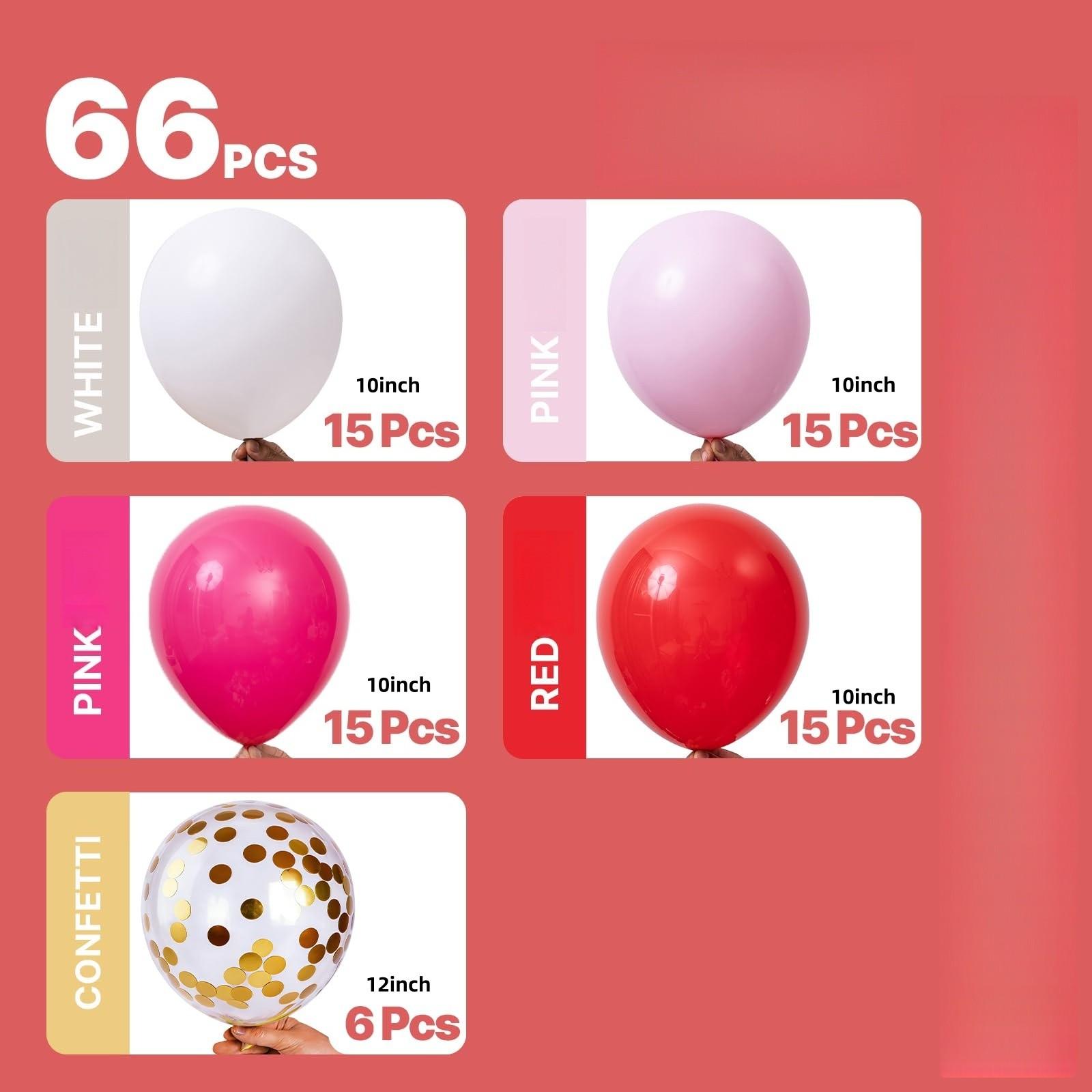 Pink and Red Balloons 66pcs10/ 12 Inch Hot Baby Pink Matte Red White Gold Confetti Balloons for Valentine's Day Engagement Weedding Bachelorette Girl Princess Birthday Party Decorations