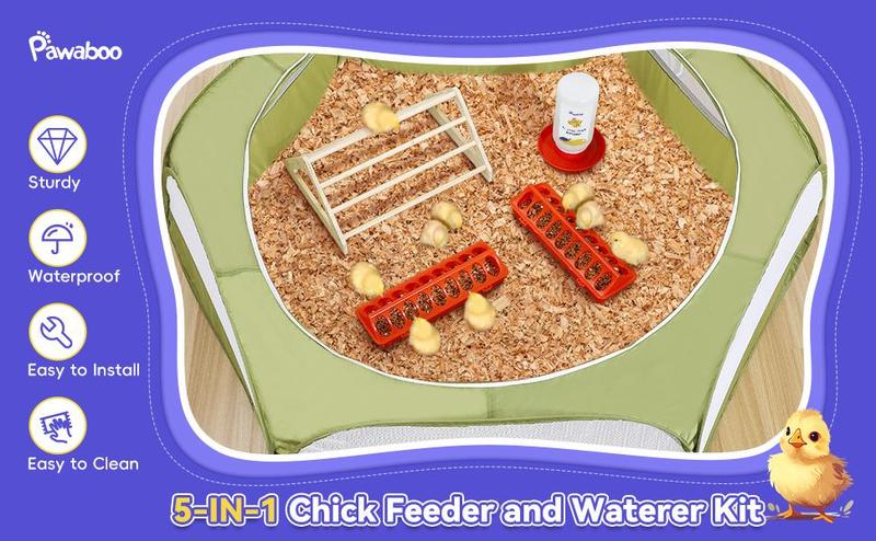 Pawaboo 5-in-1 Chicken Brooder Box for Chick Starter Kit, Includes Pet Cage Tent, Chicks Perch, Chick Feeder, 1.1L Chick Waterer, Baby Chick Supplies (Brooder Set), Green + Red + Wood Color