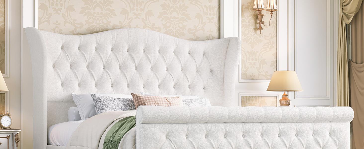 Queen King Size Chenille Upholstered Bed Frame, Sleigh Platform Bed Frames with 51" Tall Wingback Headboard & 27" Scroll Footboard, Button Tufted/No Box Spring Required/Wood Slats Support/Cream Queen King Size Chenille Upholstered Bed Frame, Sleigh Platform Bed Frames with 51" Tall Wingback Headboard & 27" Scroll Footboard, Button Tufted/No Box Spring Required/Wood Slats Support/Cream