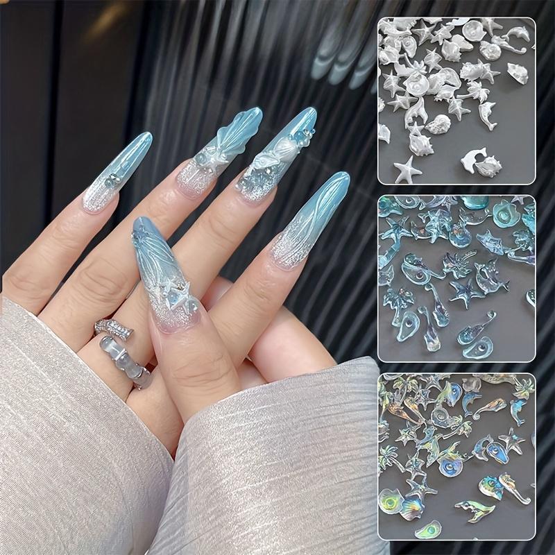 50pcs Assorted Pearlescent Shell Nail Charms Ice-Clear Aurora Ocean Series Starfish Scallop Resin Nail Decorations