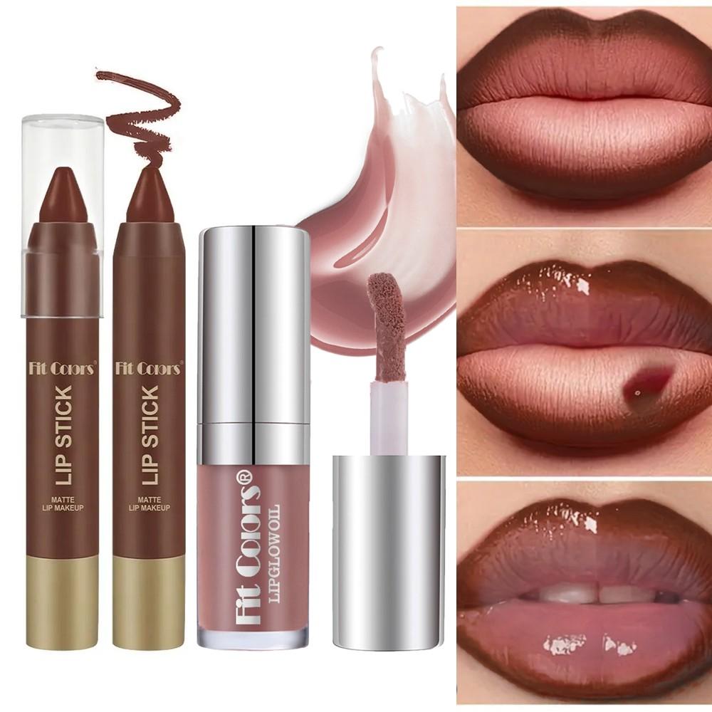 Fit Colors Matte Lip Liner Lip Bullet and Moisturizing Pearl Lip Oil Set Lip Combo, Natural Nude Glossy Lip Makeup, Long-Lasting Hydration Gift