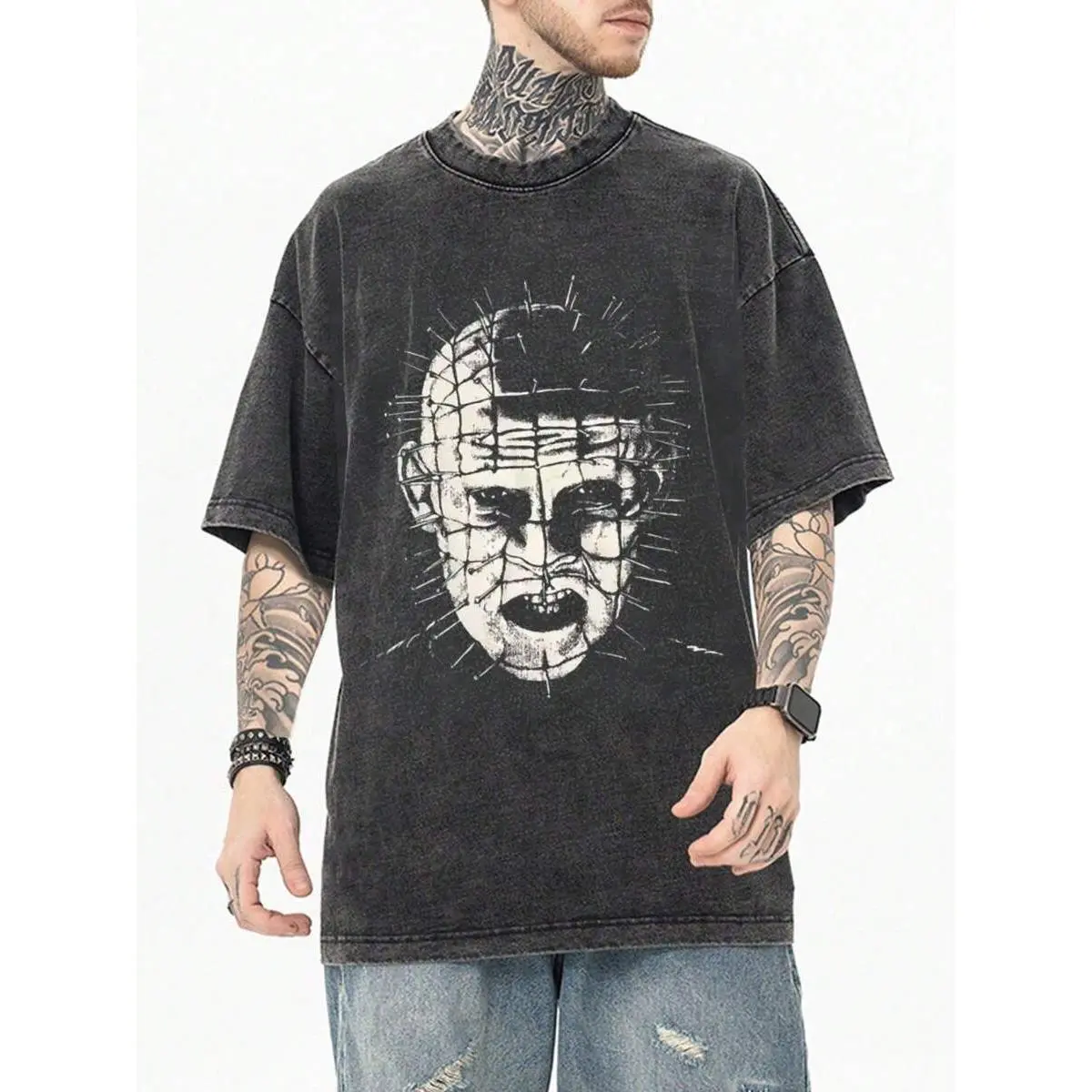 1 Halloween themed top, Hellraiser Pinhead Vintage Washed T-Shirt - Cult horror gothic streetwear for American horror lovers, suitable for men in spring, summer and fall; Regular fit shirt, suitable for Halloween, Christmas, Thanksgiving, Valentine's Day,