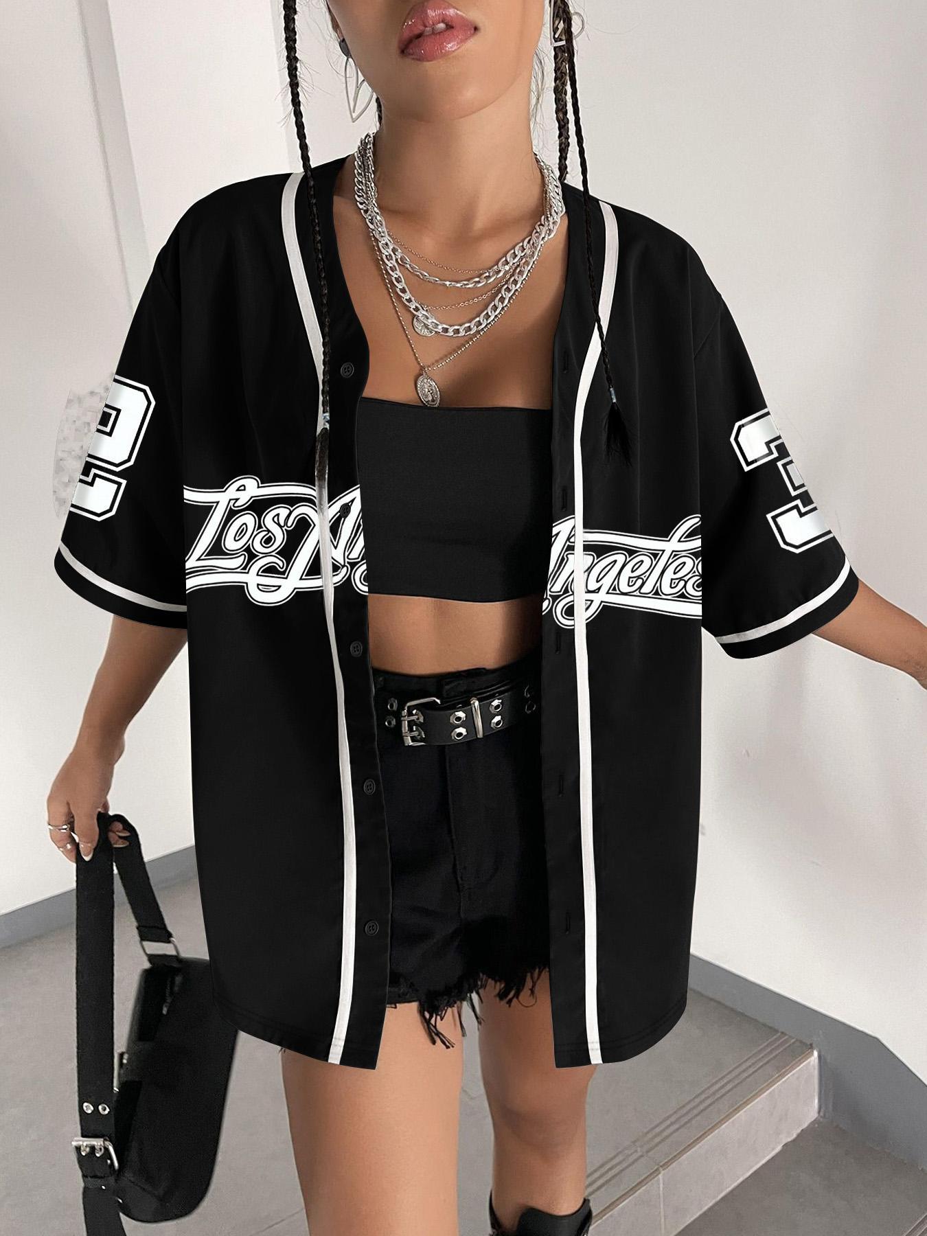 Women's Number Print Baseball Jersey, Casual Fashion Loose Letter Print Short Sleeve Button Design Blouse for Daily Wear, Ladies Clothes for All Seasons