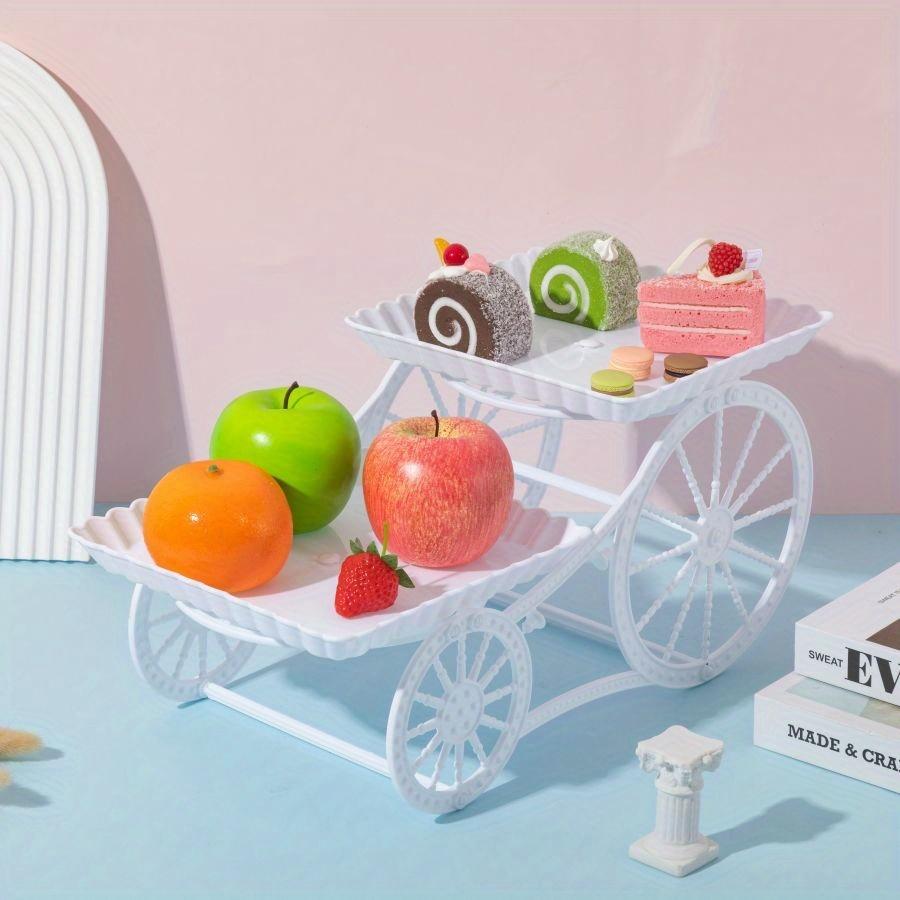 For Weddings, Parties, Birthdays & Holidays, Dessert Display Solution, 2-tier Plastic Cart-style Cake Stand, Ruffled Tray & Exquisite Wheel Pattern, Effortlessly Create Exquisite Dessert Display, Party Dessert Stand Supplies