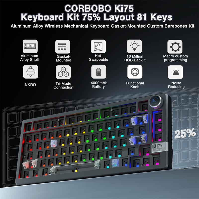 Ki75 Wireless Mechanical Gaming Keyboard Kit, Aluminum Barebones Keyboard Base, 75% Layout Gasket Hot Swappable Custom Keyboard RGB Backlit with Knob, Tri-Mode BT5.0/2.4GHz/USB-C Wired for PC FallFreshness