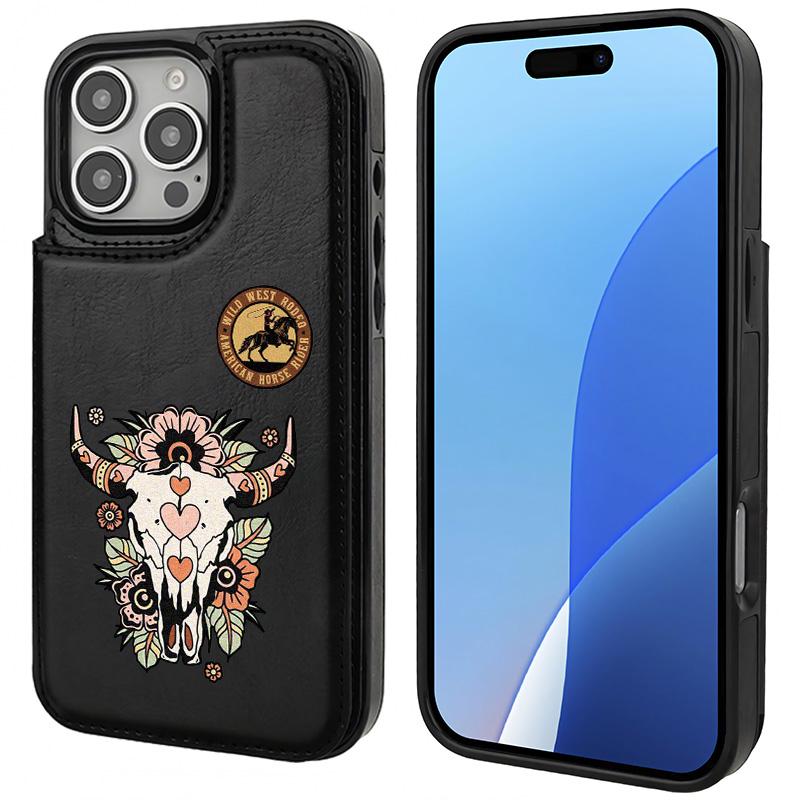 Trendy Creative Unique Retro Western Cowboy Pattern  Holder Wallet Aesthetic Pattern Black Casing For iphone 16 15 14 13 12 PRO PLUS MAX PU Leather Stylish Gift Shockproof Protection Anti-Drop Protective Protector Phone Cases Shell Cover