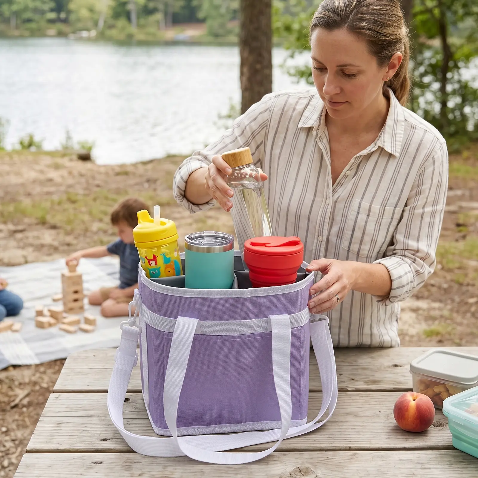 Purple 4‑Compartment No‑Lid Drink Holder, Portable Insulated Beverage Carrier Bag, Multi‑Purpose Storage Pouch for Bottles, Phones, Snacks, Outdoor Hiking & Family Outings