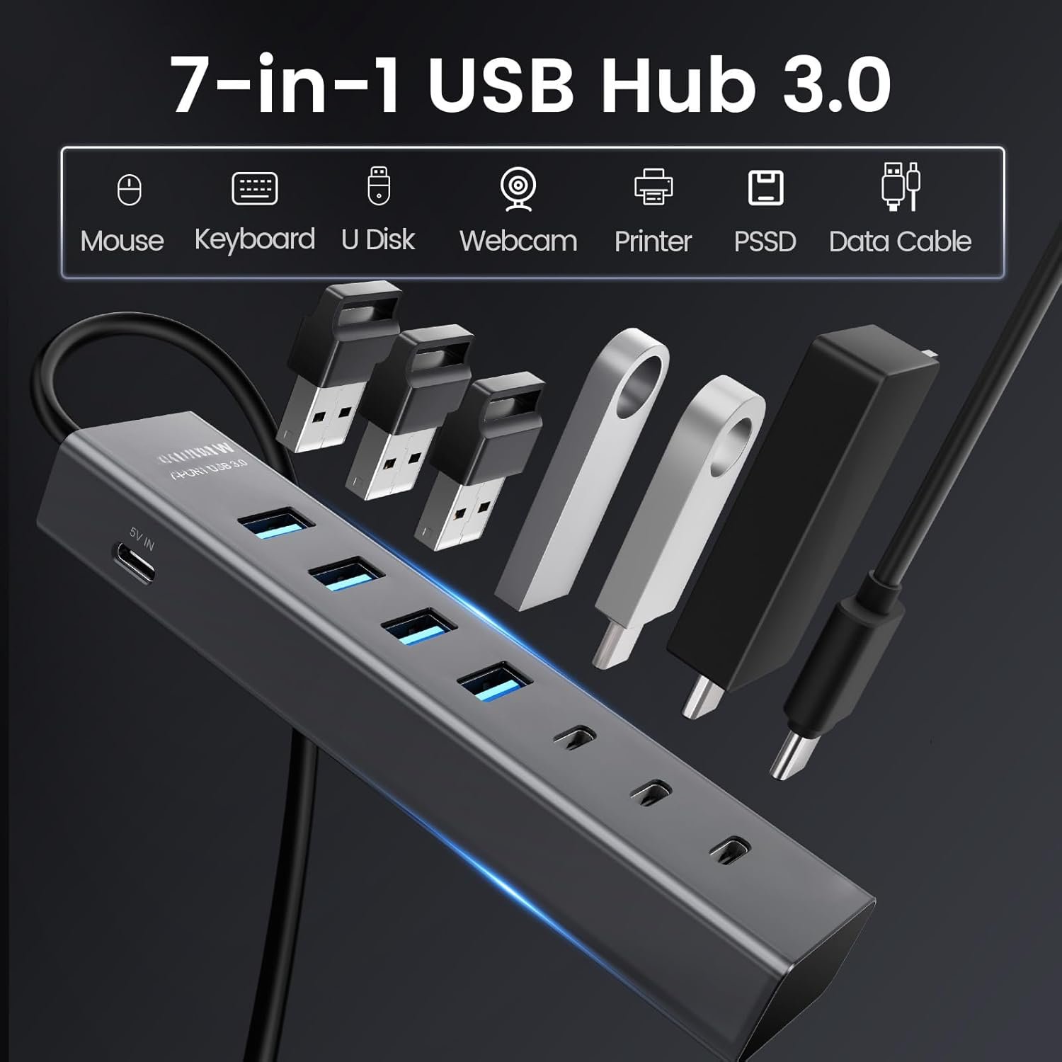 USB C to USB Hub Multiport Adapter, Aluminium 7-Port USB C Hub Multiport Adapter, USB Extenders, USB c Splitter for Thunderbolt, MacBook Pro/Air, Laptop, iPad, iMac, U Flash, PSSD, Keyboard,