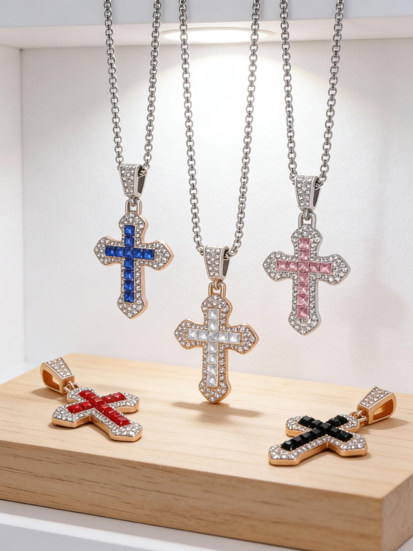 Cross Necklace Hip Hop Style Zircon Pendant Jewelry, Titanium Steel Versatile Chain, Full Diamond Inlay, Multi-Color Options, Fade-Resistant