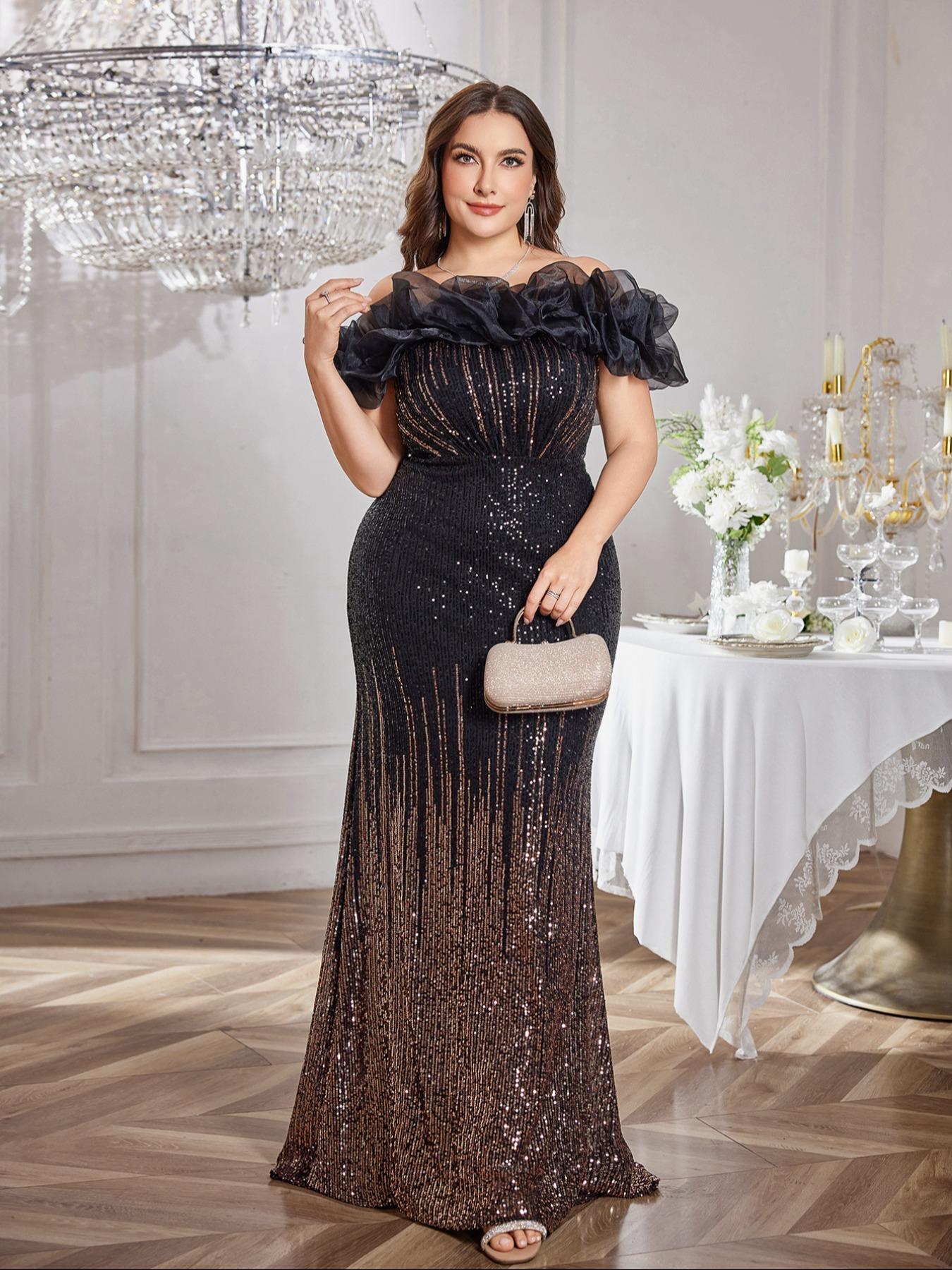 Off Shoulder Backless Adjustable Strap Fit Sequin Gradient Evening Dress, Sleeveless Party Gown, Random Cut Design, Elegant Woven Formal Wear