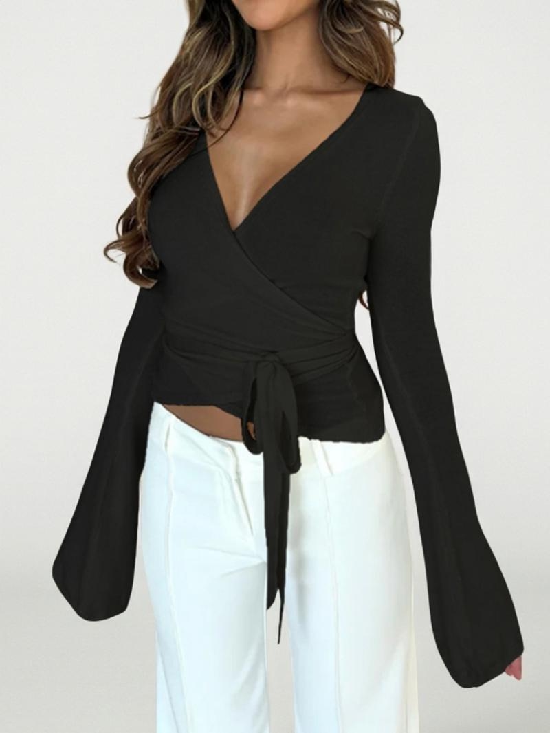 Women's Plain V-Neck Wrap Tee, Elegant Casual Long Sleeve T-shirt for Daily Outdoor Wear, Women's Clothing for Fall & Winter