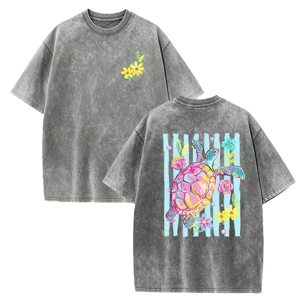 Summer Floral Turtle Shirt | Front And Back Summer Vacation TShirt | Preppy Beach Shirt | Neon Preppy Coastal Summer Tee