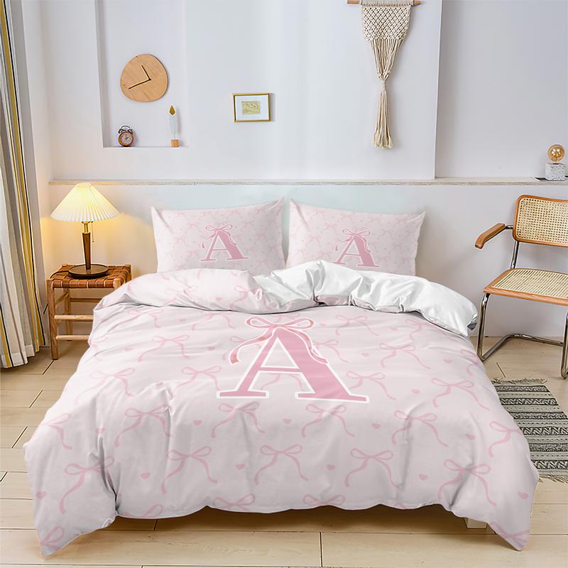 Pink Bow Print Bedding Set, Fashion A-Z Letter Print Design, Includes 1 Duvet Cover and 1/2 Pillowcase, No filling/Zipper Closure, Perfect Creative Bedroom Decoration Kit for Girls, Full Size, Bedsheet Sets