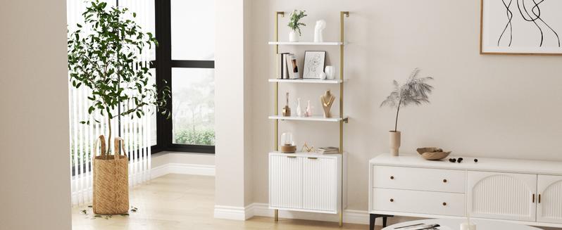 Vabches 3 Tier White & Gold Ladder Shelf with Storage Cabinet, Modern Ladder Bookshelf with Doors, Wall Mount Bookcase with Metal Frame, Display Shelves for Living Room, Bedroom, Bathroom, Home Office