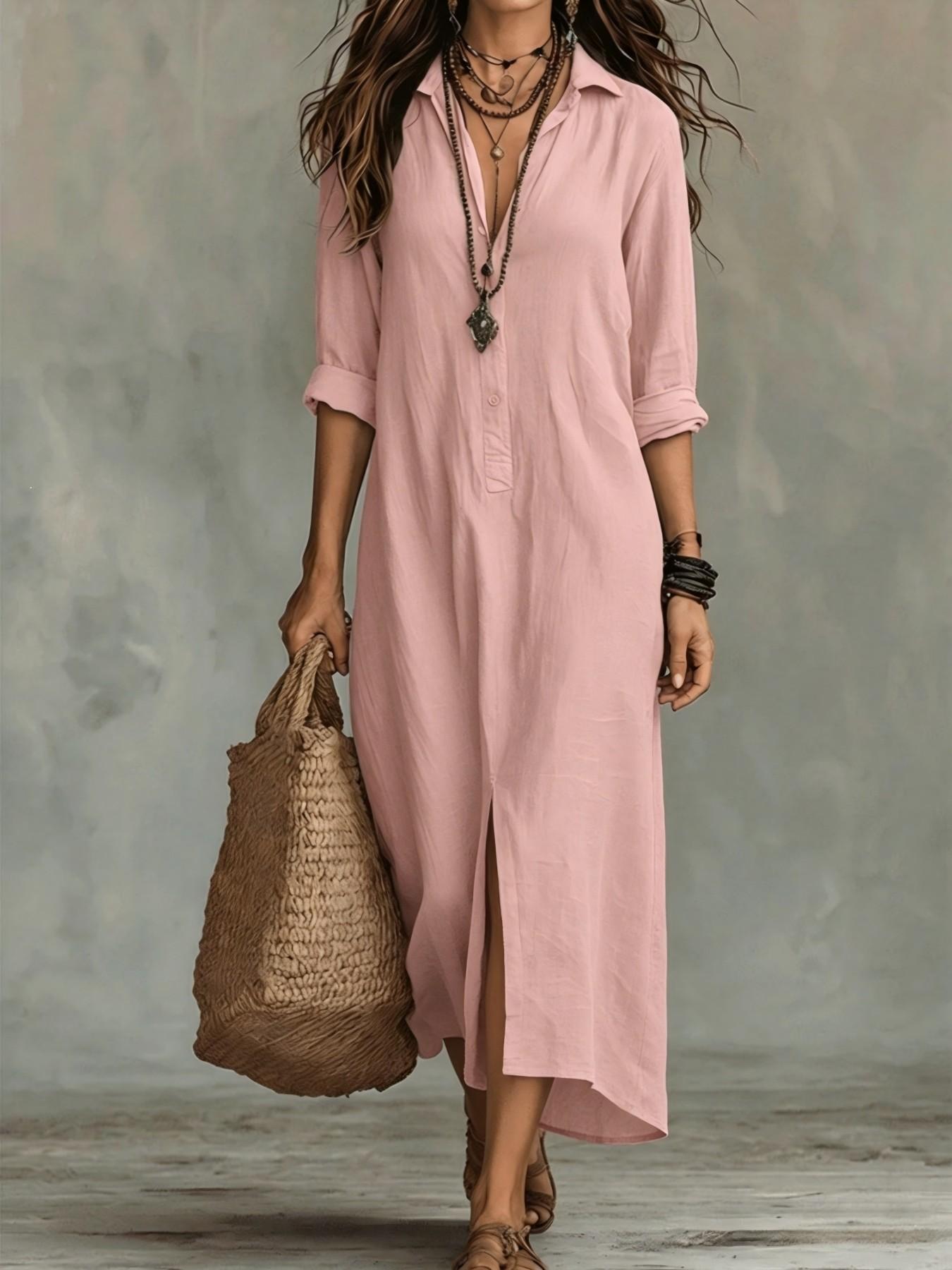 2026 Spring Summer Cross-Border Casual Solid Color Notched Lapel Front Split Long Dress, Trendy Women's Fashion, Comfortable & Stylish