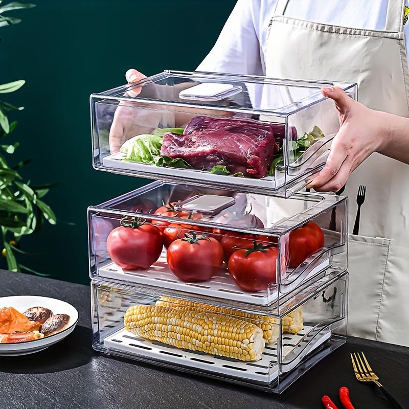 Transparent Rectangular Plastic Storage Box, Stackable Drainage Food Container, Kitchen Refrigerator Organizer, Drawer Style, Fridge Organizer