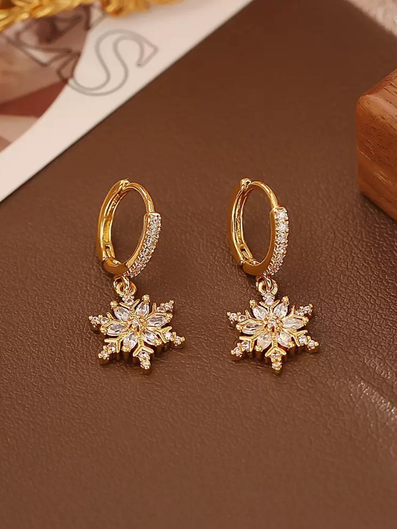 Elegant Rhinestone Snowflake Earrings, Luxurious Zircon Ear Studs, Plated, European and American Style Jewelry