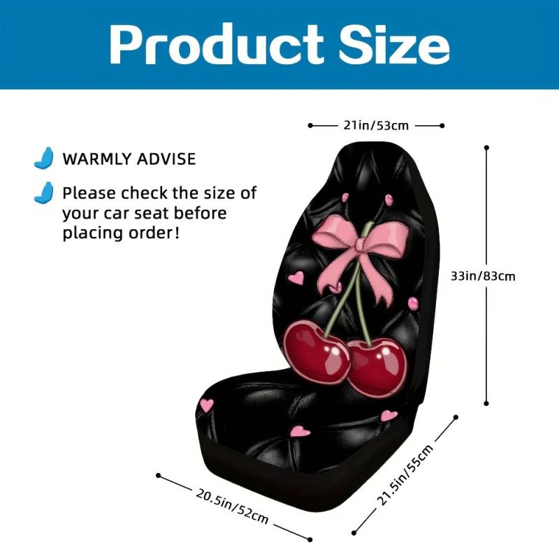 Two-piece cherry design, pink bow on a black background for the front seat cover. Perfect for individual front car seats. It is a practical gift suggestion for vehicle operators and owners.